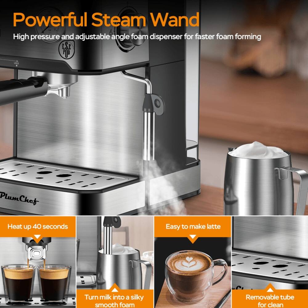 Powerful Steam Wand  
High pressure and adjustable angle foam dispenser for faster foam forming  

PlumChef  
Heat up 40 seconds  
Easy to make latte  
Turn milk into a silky smooth foam  
Removable tube for clean