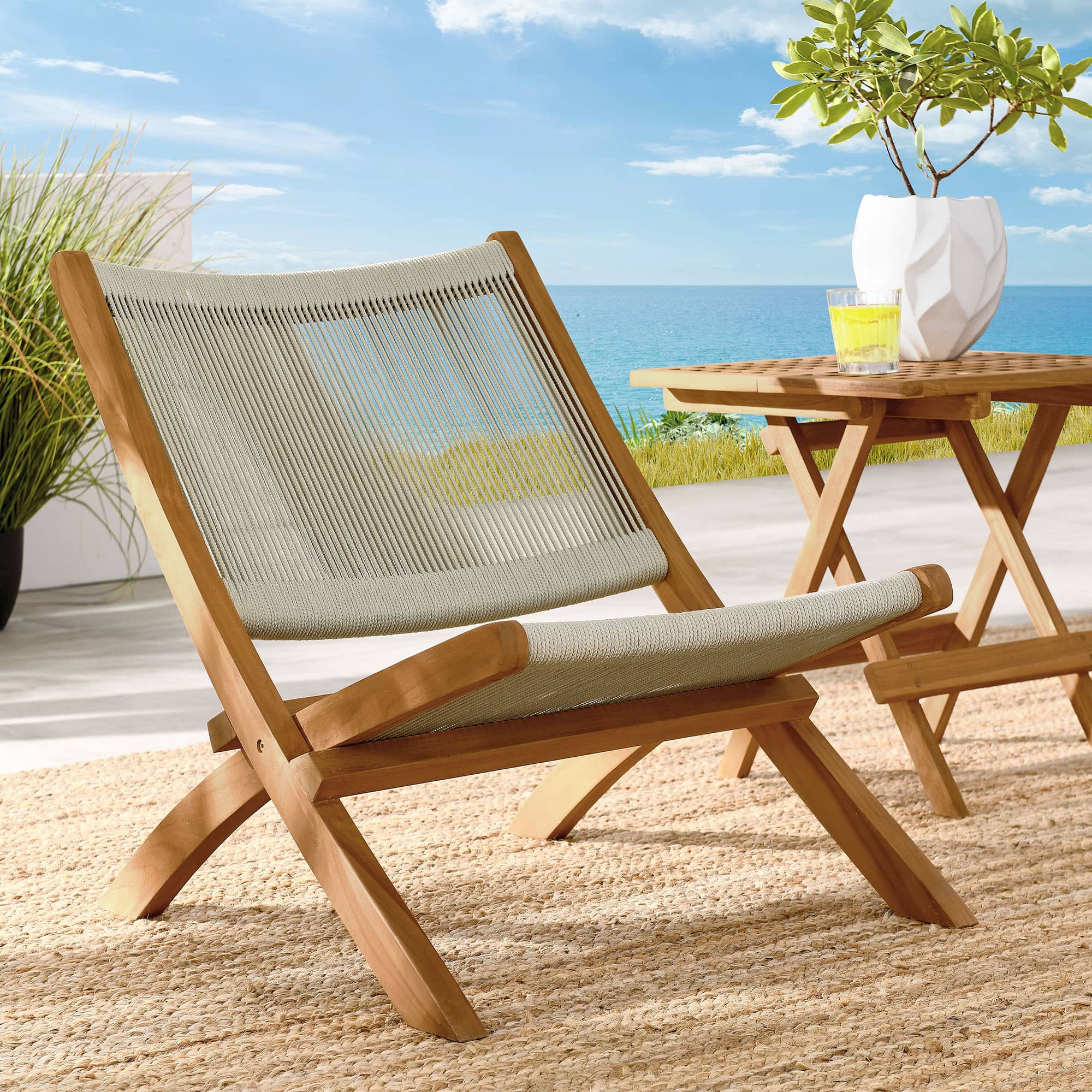 Vienna Outdoor Patio Teak and Rope Folding Accent Lounge Chair by Modway - Natural Natural