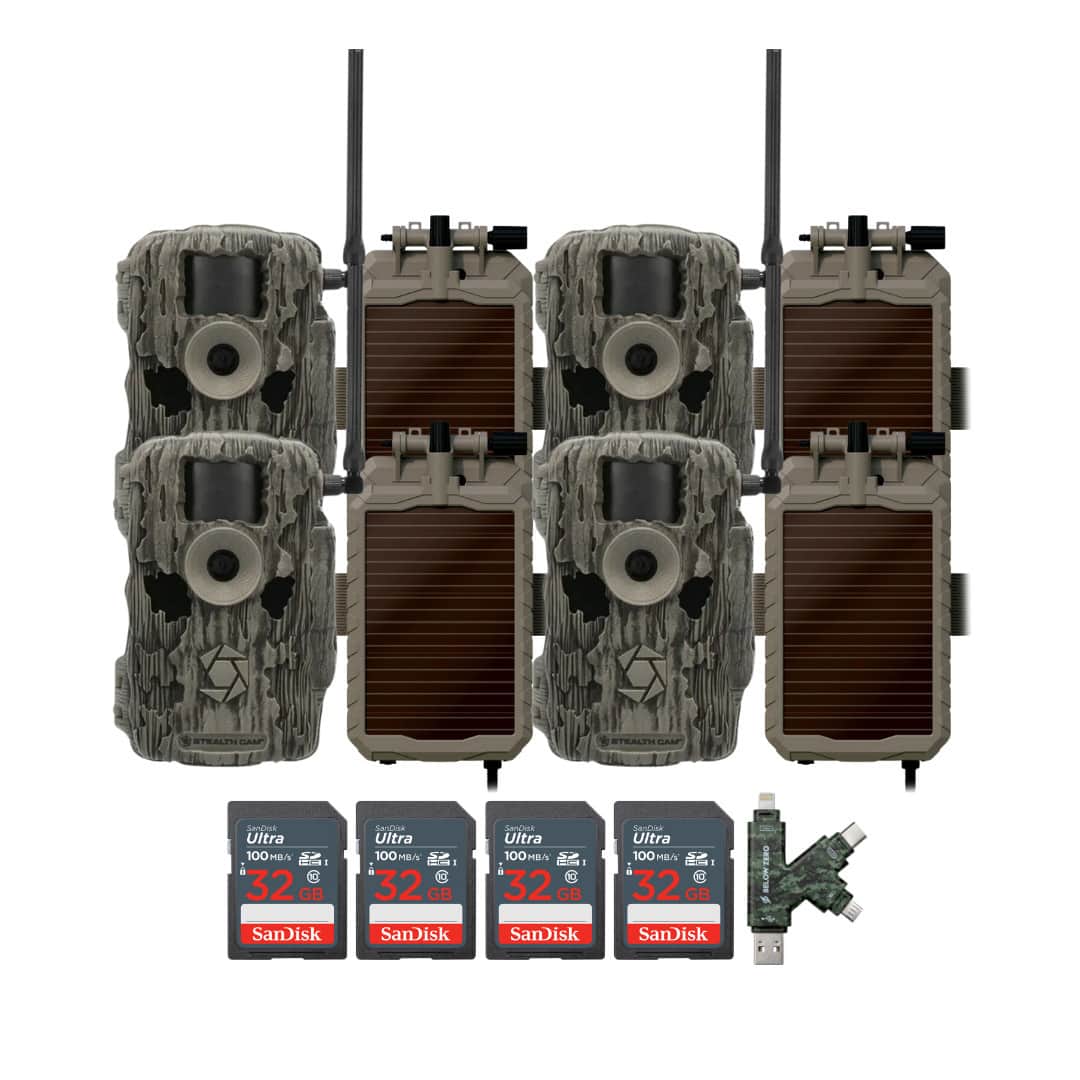 Stealth Cam - (Four) Fusion MAX Dual Sim 36MP Trail Camera with Solar Power Panel Battery Camera Holder