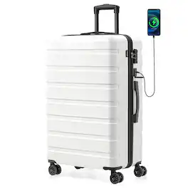 Brick Attic - 28 Inch Suitcase Hardside PC ABS Lightweight USB Luggage with Wheels TSA Lock Checked-Large - White