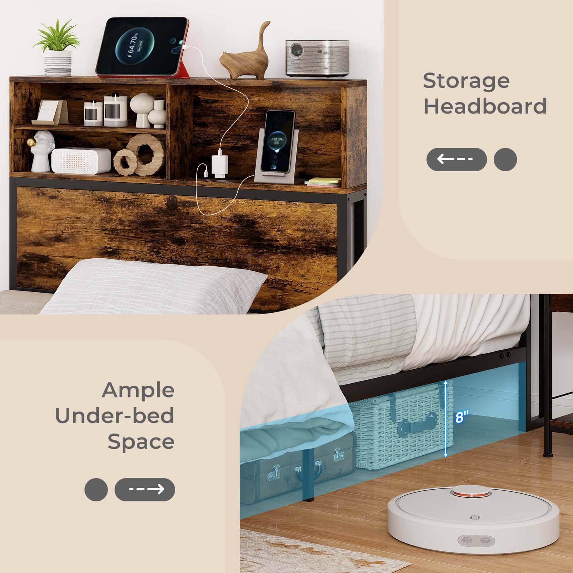 The text on the image is grouped as follows:

1. Storage Headboard: 70%
2. Ample Under-bed Space: 64.70%
3. 8" d A