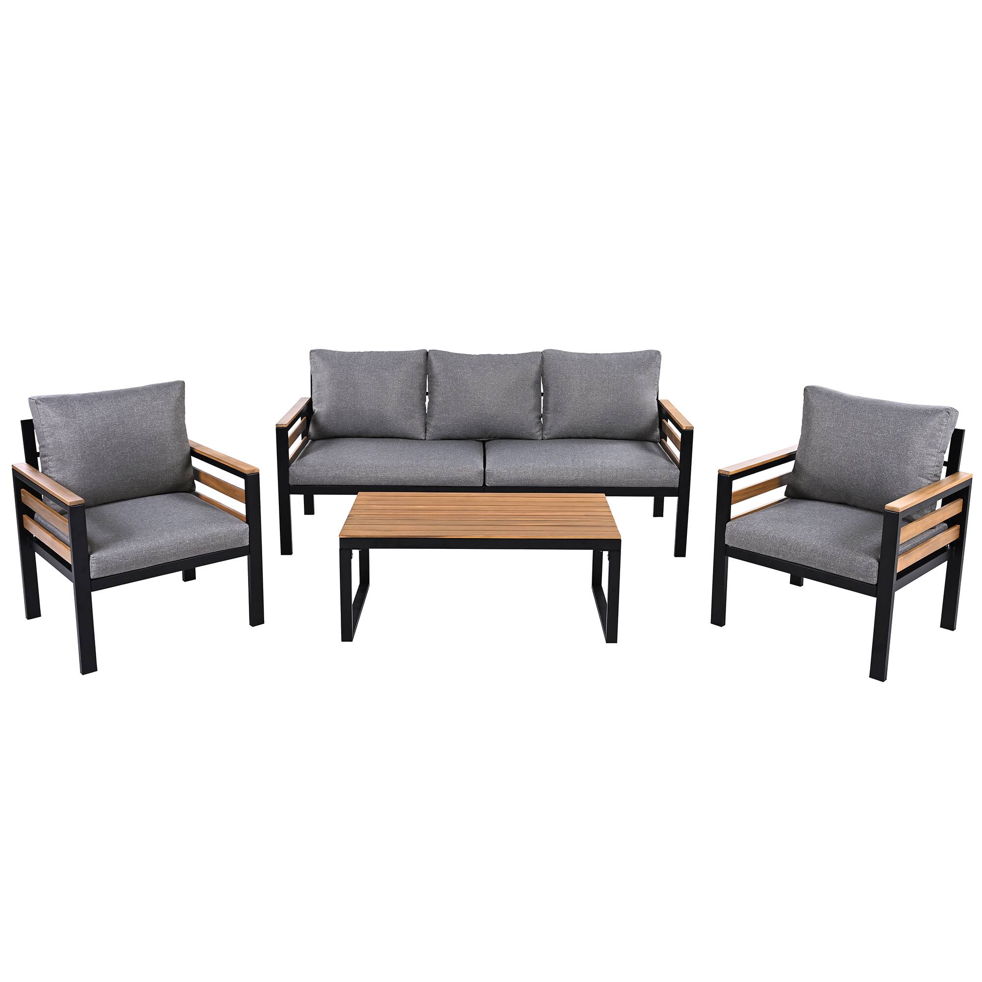 Left. Whisen - 4-Piece Outdoor Patio Furniture Set, 5-Seater Conversation Set with Acacia Wood Armrests and Coffee Table - Gray.