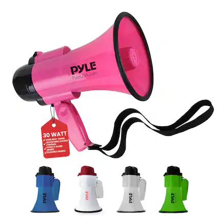 PYLE PyleUSA.com 30 WATT OVER 800+ YARDS ADJUSTABLE VOLUME CONTROL VOICE & ALARM MODES FOLDABLE HANDLE PYLE PyleUSA.com PYLE PyleUSA.com PYLE PyleUSA.com