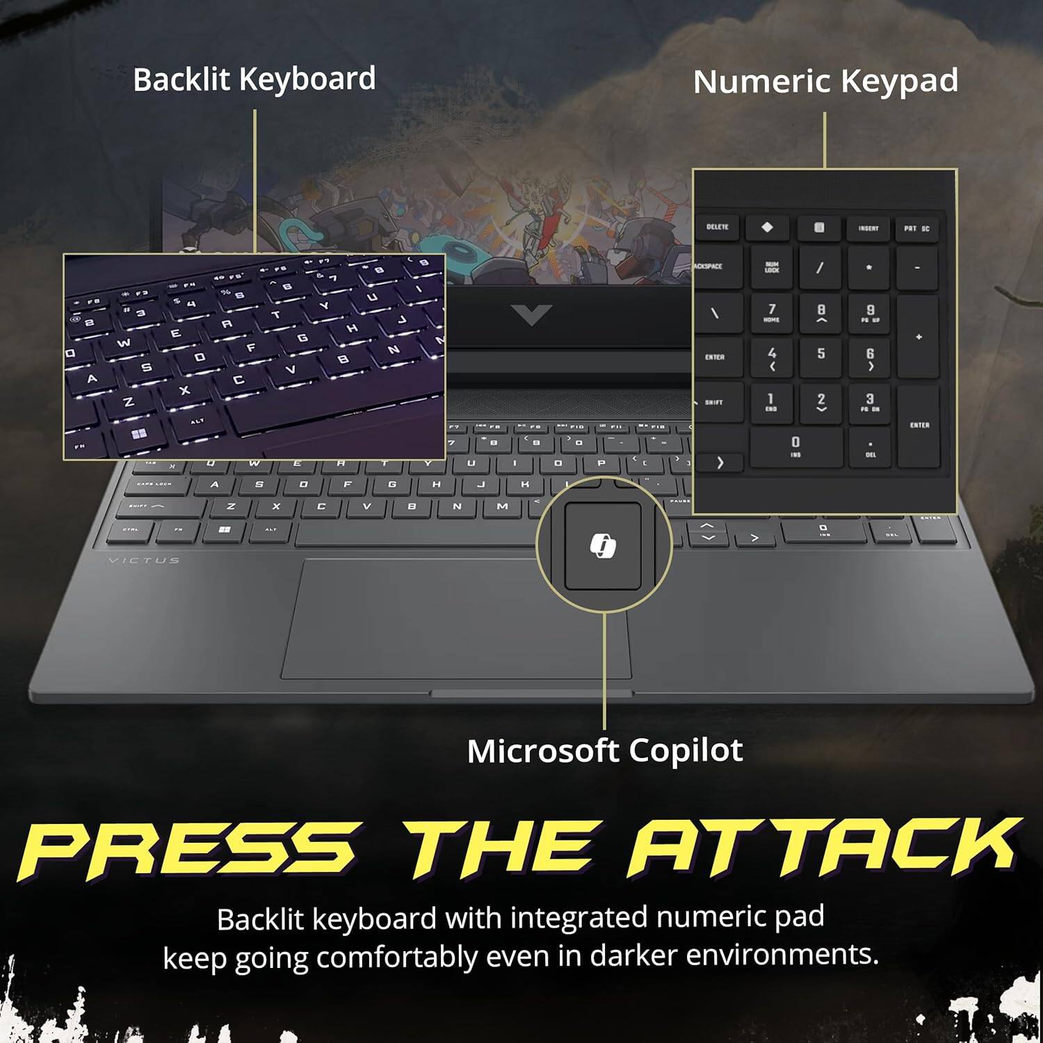 Backlit Keyboard Numeric Keypad

Microsoft Copilot

PRESS THE ATTACK

Backlit keyboard with integrated numeric pad keep going comfortably even in darker environments.