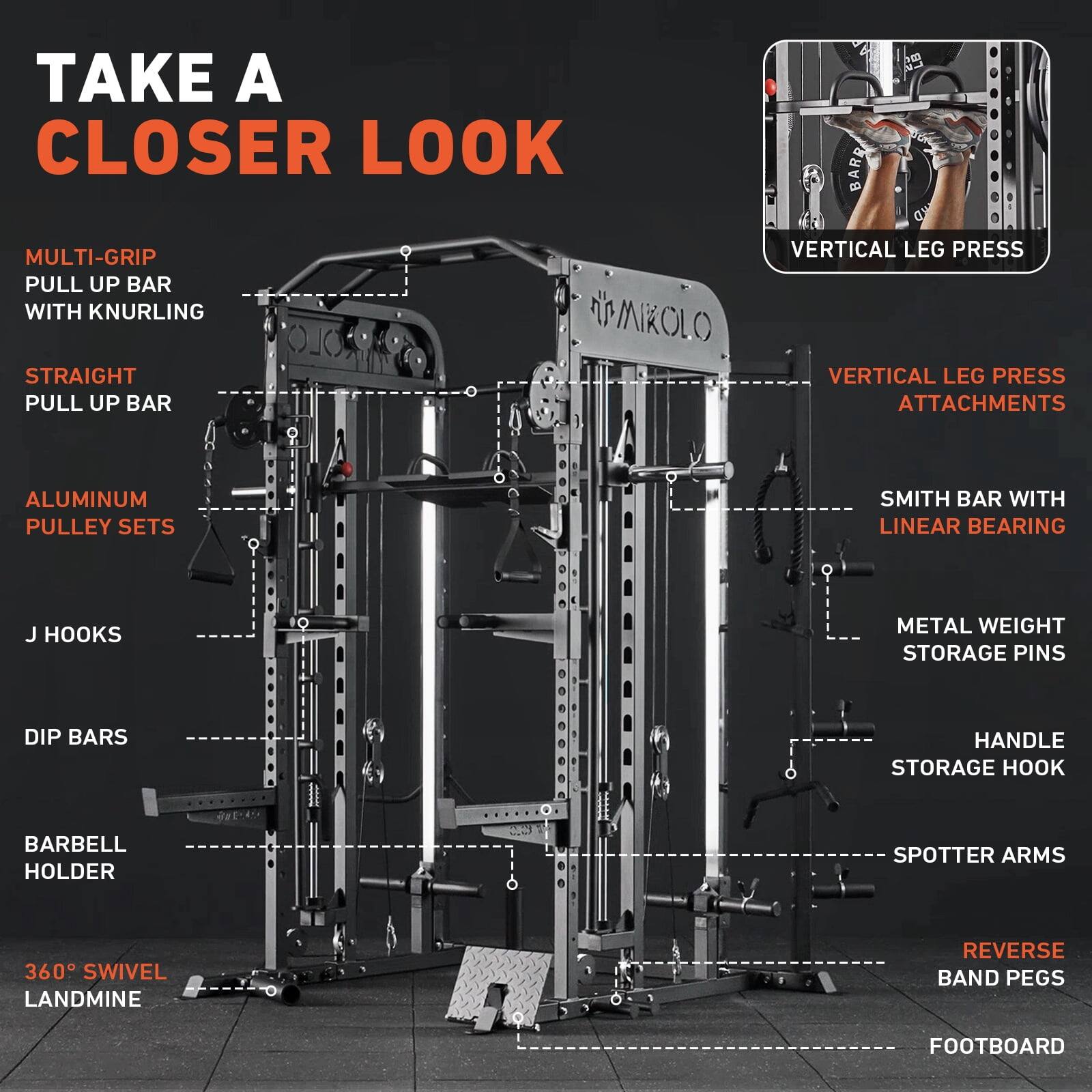 TAKE A CLOSER LOOK MULTI-GRIP PULL UP BAR WITH KNURLING STRAIGHT PULL UP BAR ALUMINUM PULLEY SETS J HOOKS DIP BARS BARBELL HOLDER 360 SWIVEL LANDMINE REVERSE BAND PEGS FOOTBOARD SMITH BAR WITH LINEAR BEARING METAL WEIGHT STORAGE PINS HANDLE STORAGE HOOK SPOTTER ARMS VERTICAL LEG PRESS VERTICAL LEG PRESS ATTACHMENTS