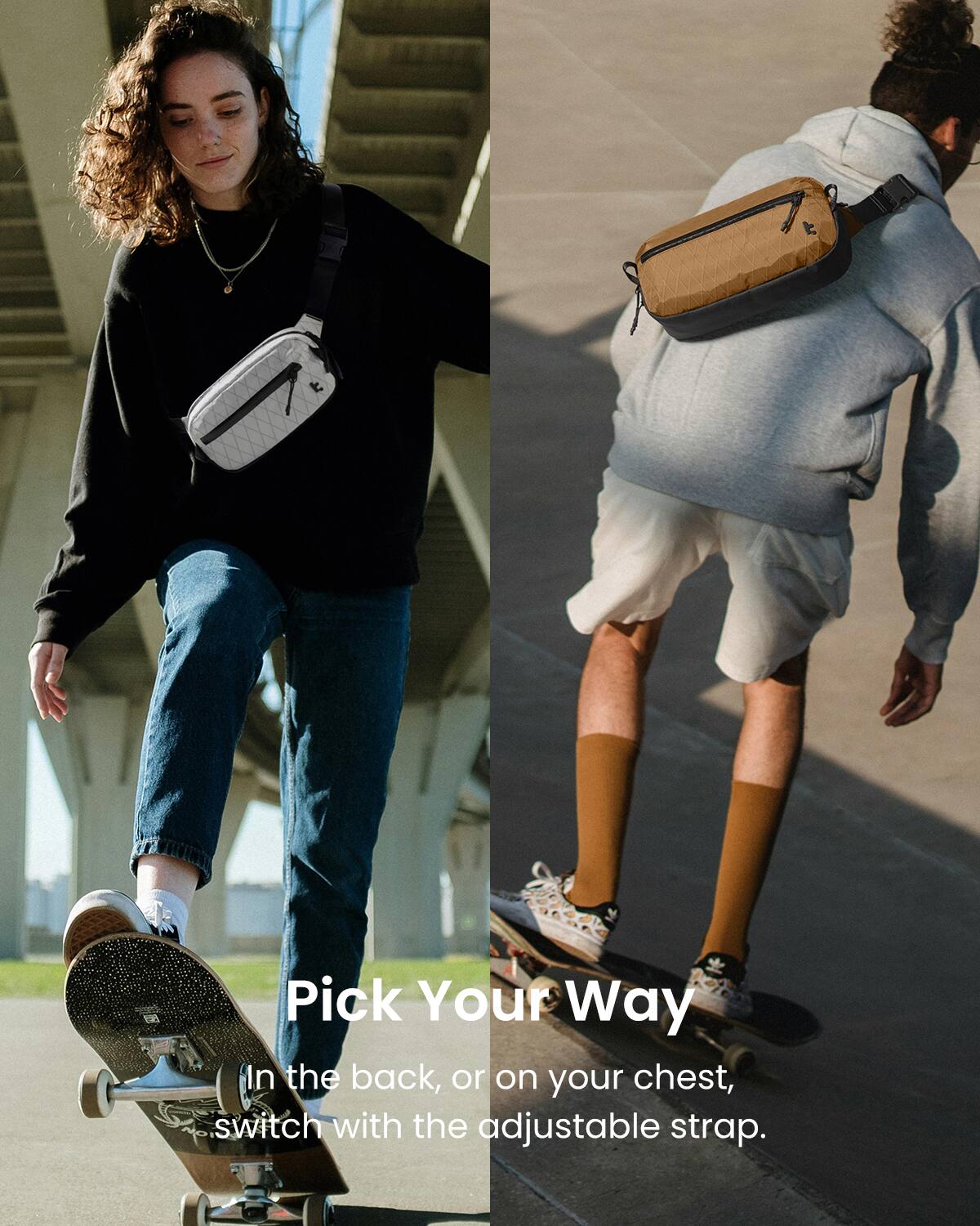 Pick Your Way In the back or on your chest, switch with the adjustable strap.
