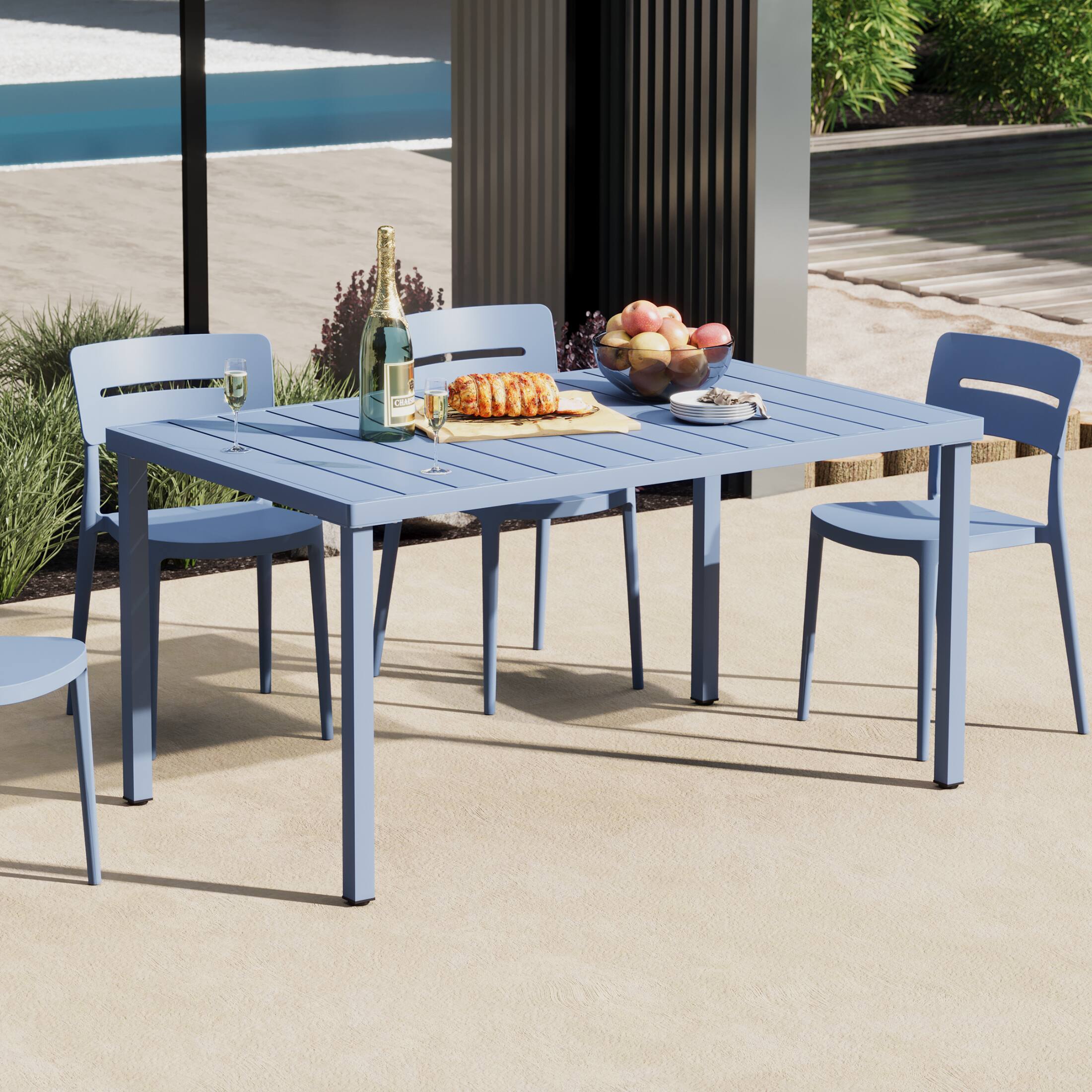 Angle. WestinTrends - WestinTrends Playa 59" Iron Metal Outdoor Rectangular Patio Dining Table For 6 - French Blue.