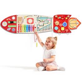 VEVOR - Wall Busy Board, 13-in-1 Rocket Montessori Sensory Activity Panels, Learning Activity Center for Daycare, Classroom - Beige;Red