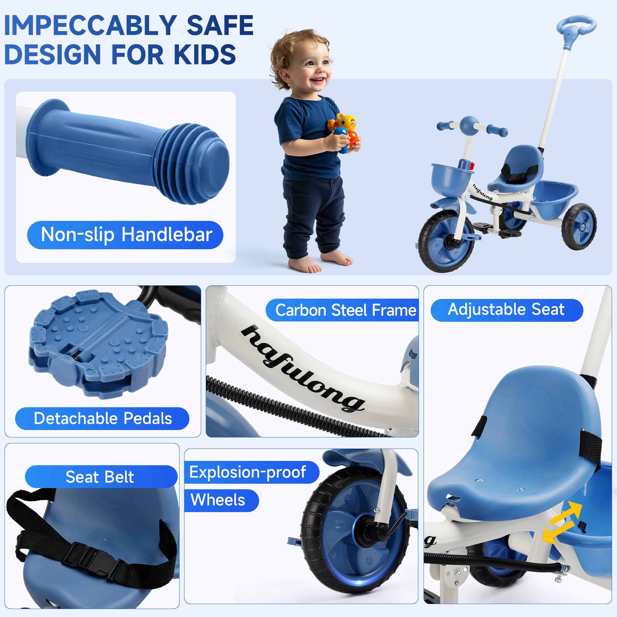 IMPECCABLY SAFE DESIGN FOR KIDS

- Non-slip Handlebar
- Carbon Steel Frame
- Adjustable Seat
- Detachable Pedals
- Seat Belt
- Explosion-proof Wheels