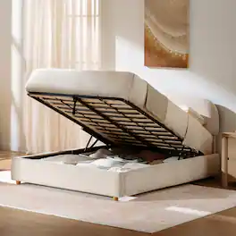 ModernMate - Upholstered Platform Bed with Adjustable Headboard, Hydraulic Lift Storage Bed - Begie
