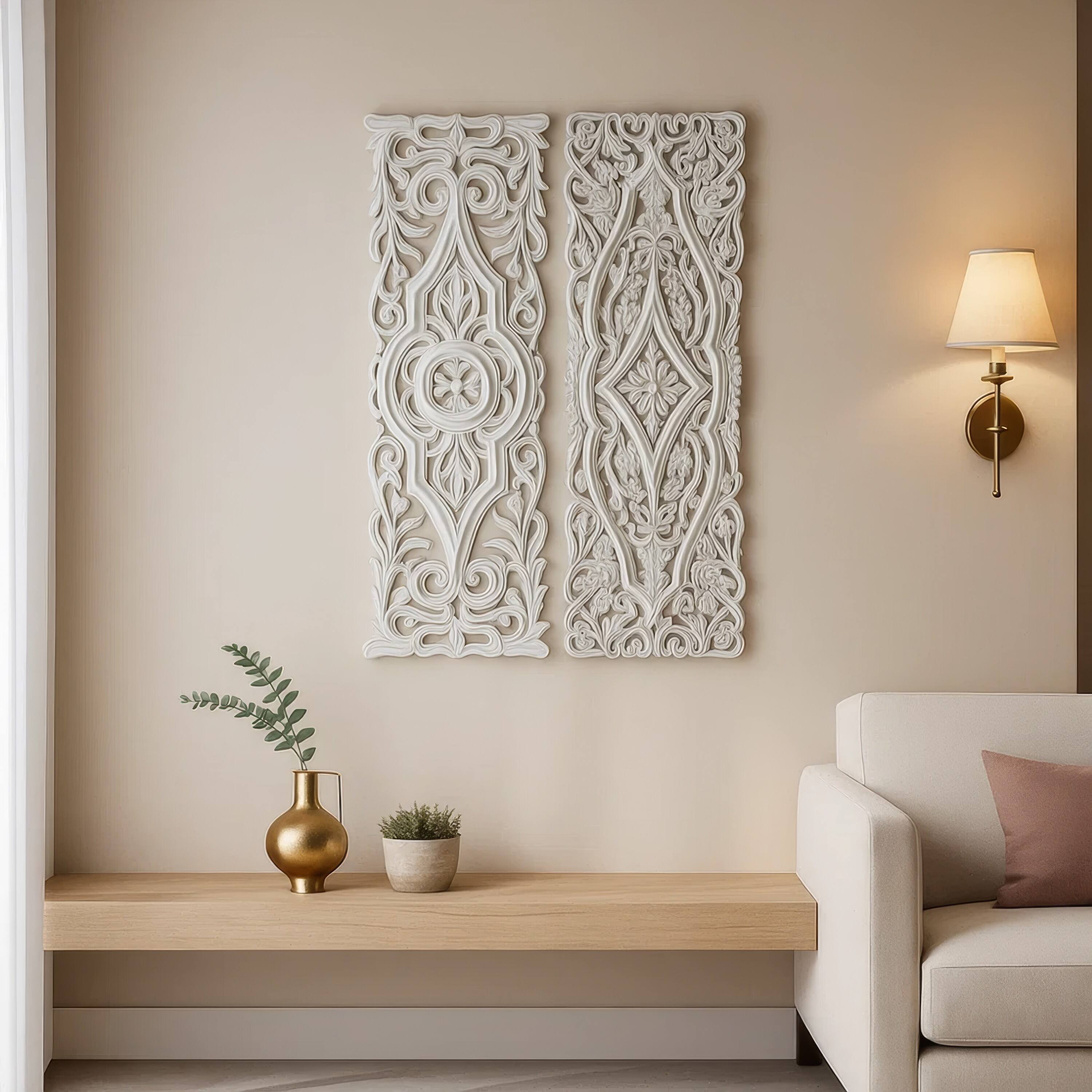 Alt View 10. Manhattan Lane - Ozy Carved Wall Art Panel Set of 2 | Handcrafted Ornate Decor | 16x48 - White.