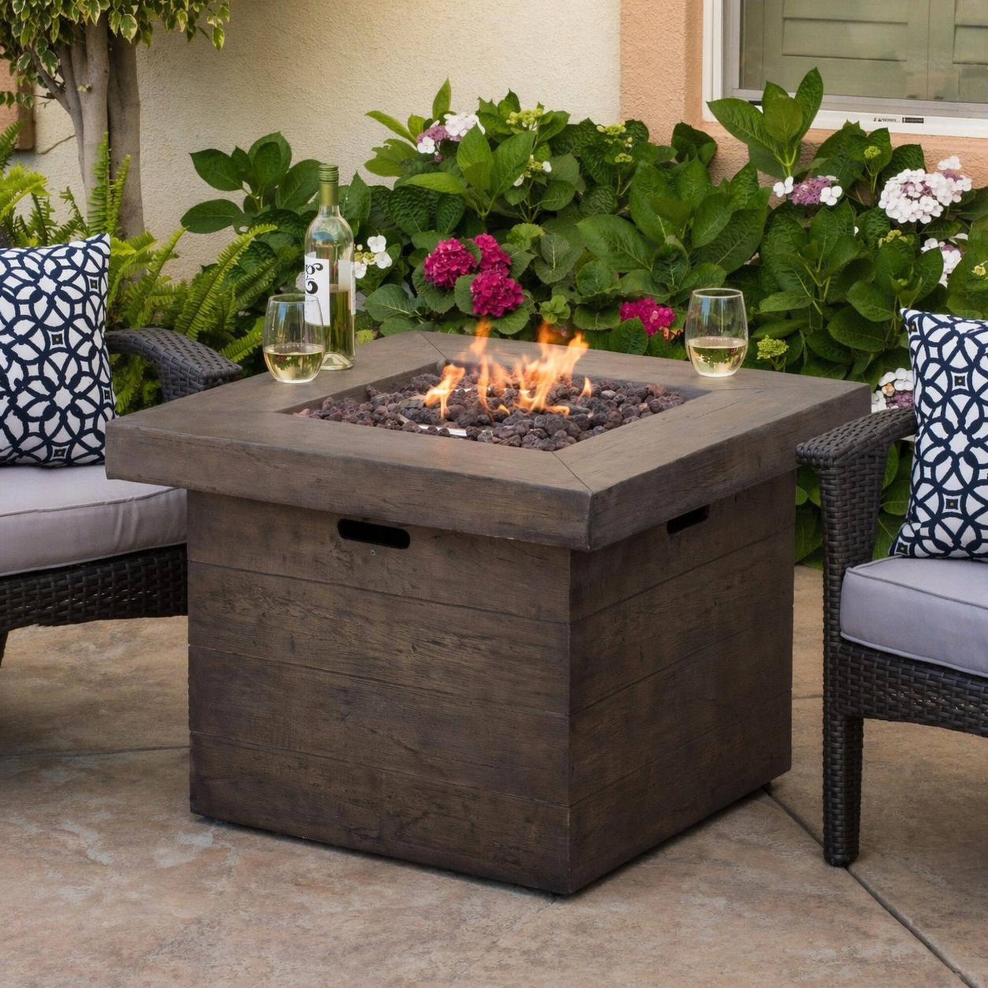 Angle. RYHNUYNE - 32" Square MGO Fire Pit – 40,000 BTU Wood-Burning Outdoor Fireplace in Brown Finish for Patio, Backyard, Garden - Brown.