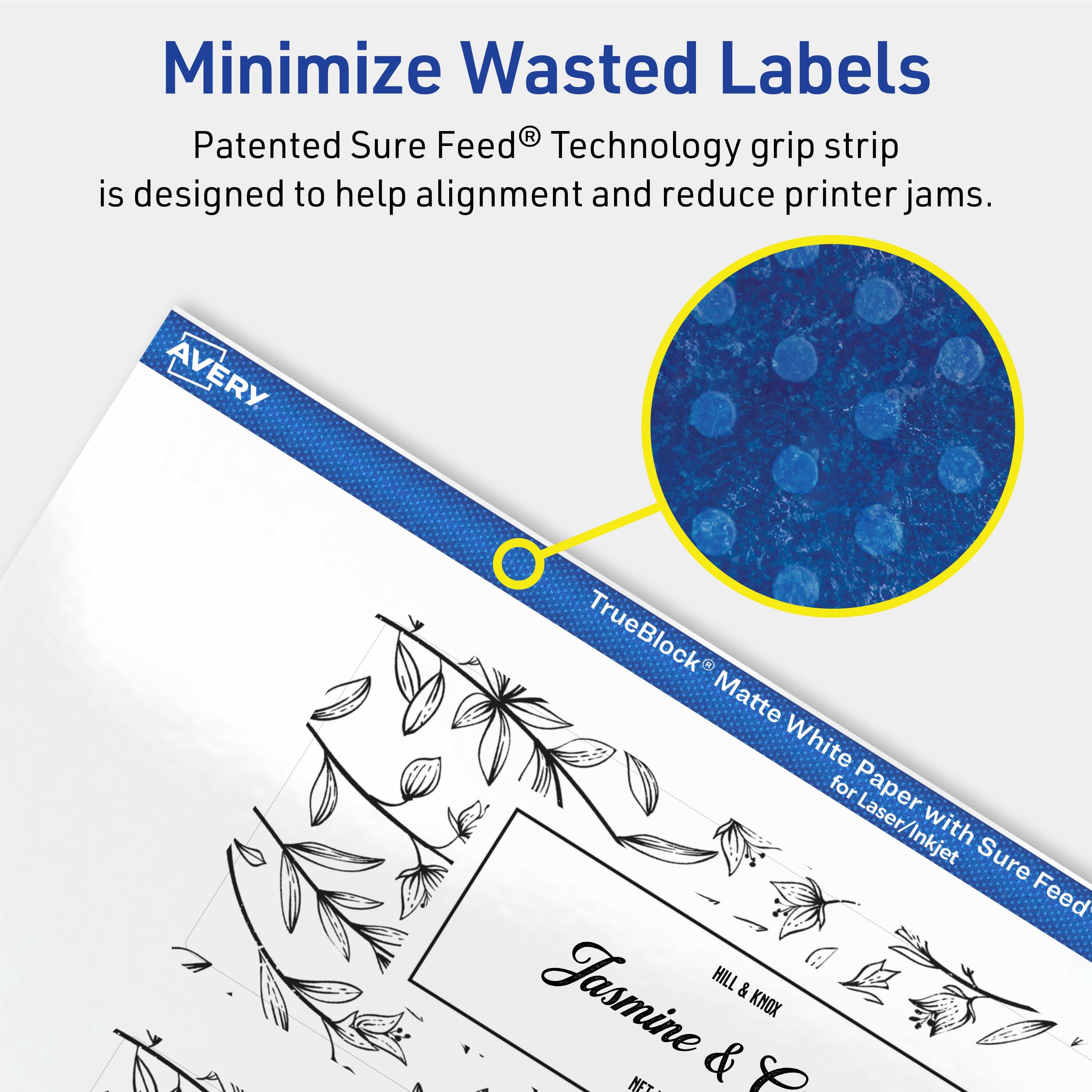 Minimize Wasted Labels

Patented Sure Feed® Technology grip strip is designed to help alignment and reduce printer jams.

AVERY TrueBlock Matte White for Paper Laser/Inkjet with Sure Feed

HILL & Jasmine & KMOX NST. 8