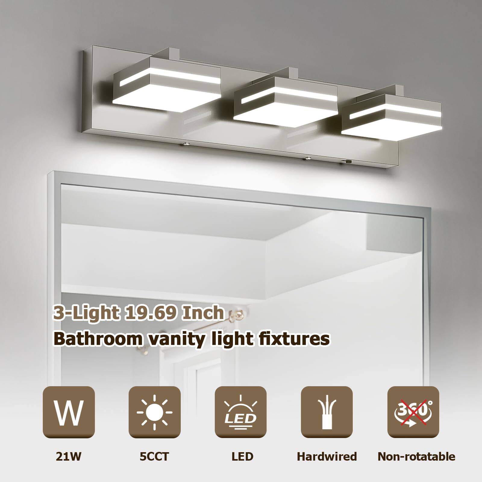3-Light 19.69 Inch Bathroom vanity light fixtures  
- 21W  
- 5CCT  
- LED  
- Hardwired  
- Non-rotatable