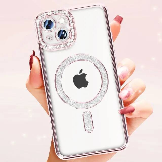 Angle. Entronix - Entronix Magnetic iPhone 15 Case with Clear Back and Luxury Diamonds - Rose.