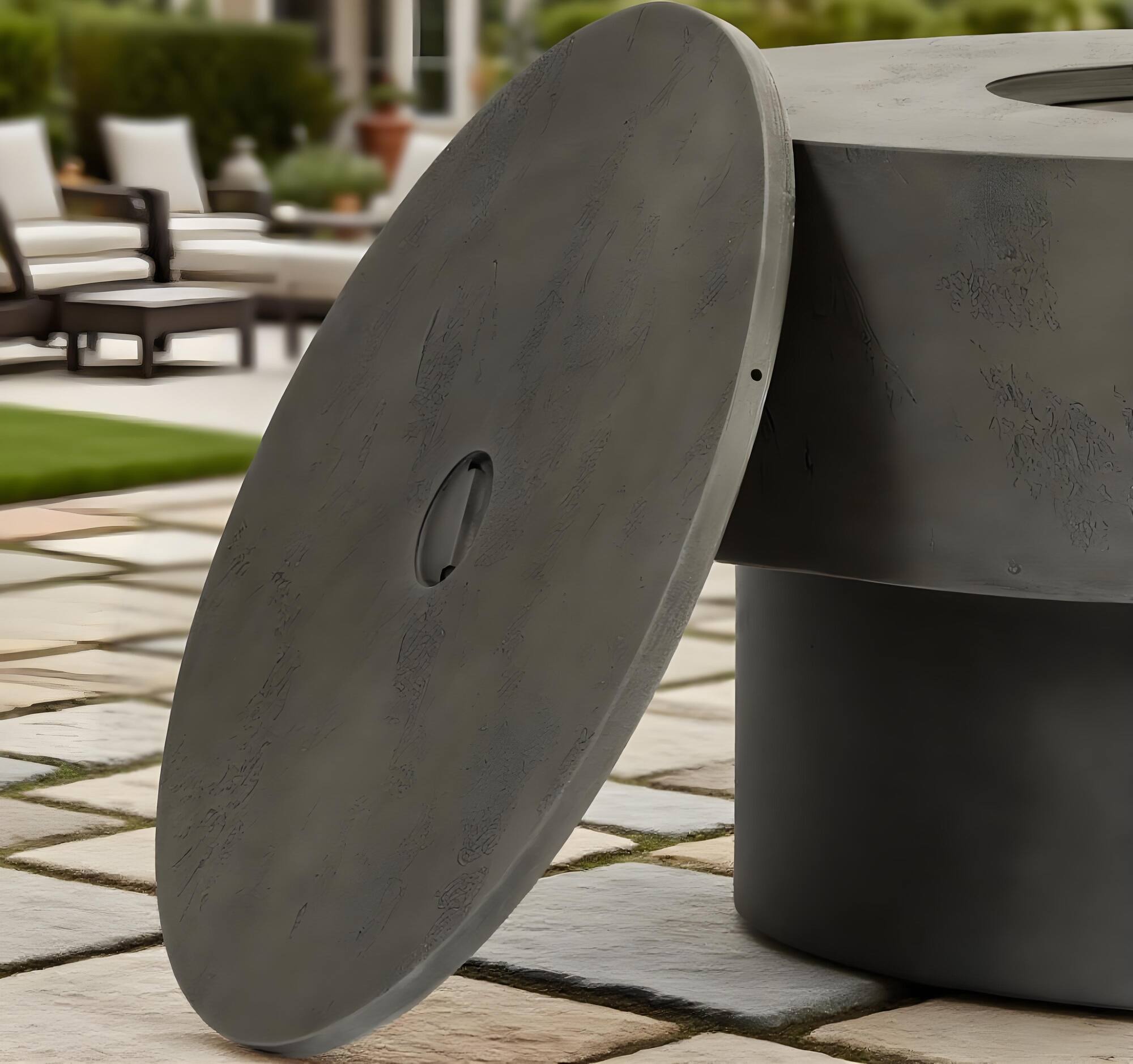 Angle. Aukfa - 34-Inch Round Propane Fire Pit Table - 50,000BTU Outdoor Firepit with Round Burner Lid & Glass Rocks.