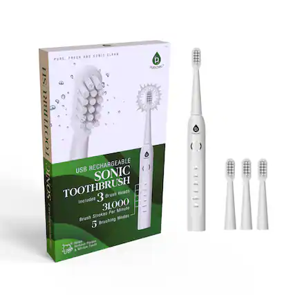 PURSONIC, USB RECHARGEABLE, SONIC TOOTHBRUSH, 3 Brush Heads, Includes 31,000 Brush Strokes Per Minute, 5 Brushing Modes, Helps Remove Plaque & Whiten Teeth