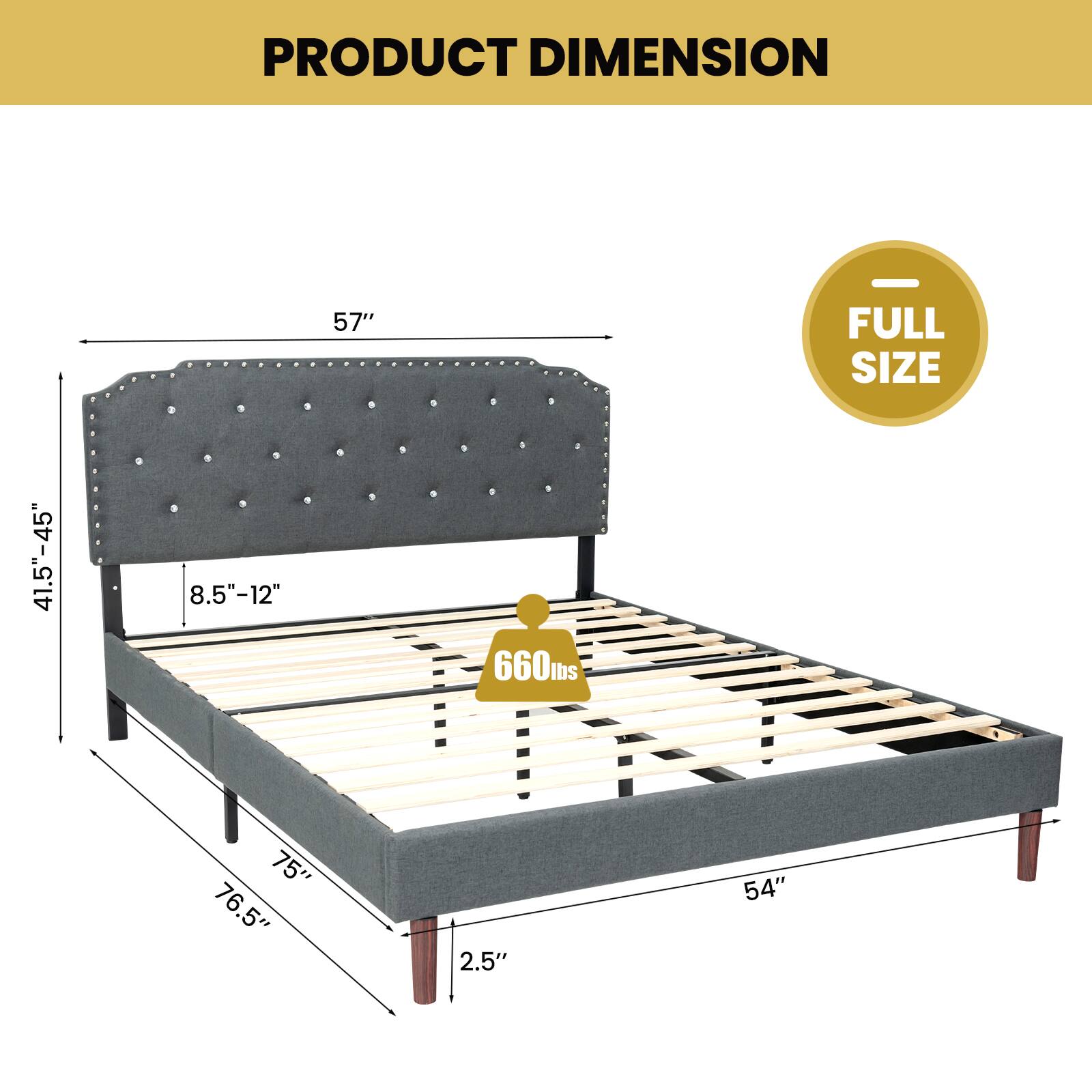 PRODUCT DIMENSION

FULL SIZE

57"  
41.5"-45"  
8.5"-12"  
660ms  
75"  
76.5"  
2.5"  
54"
