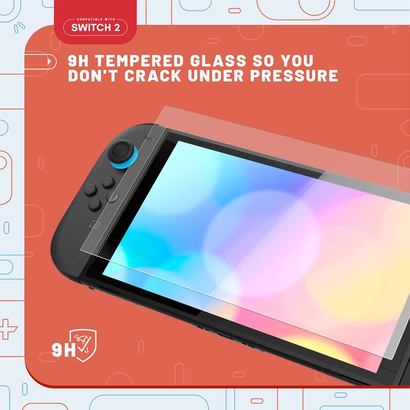 The corrected text is:

"0 COMPATIBLE WITH SWITCH 2 9H TEMPERED GLASS SO YOU DON'T CRACK UNDER PRESSURE + 9H"