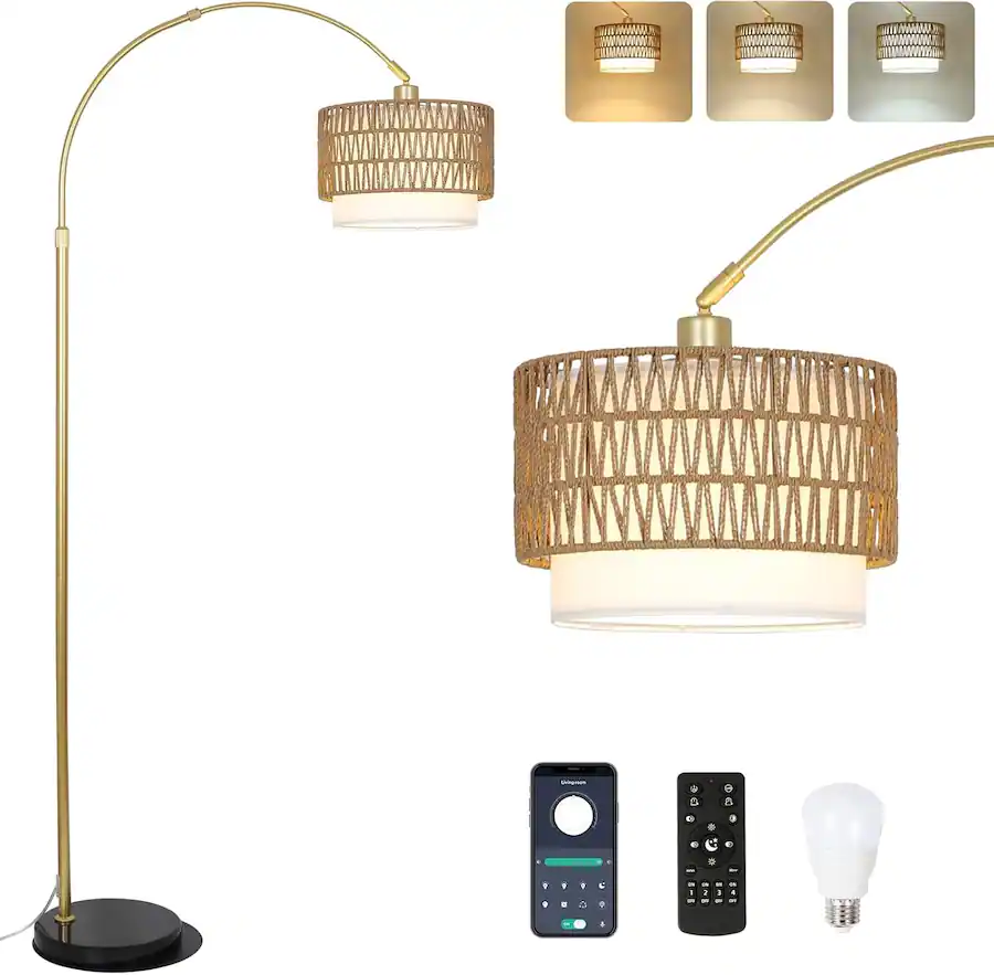 Led Florring MERAVOM Rattan Boho Arc Floor Lamps for Living Room with 3 Color ...