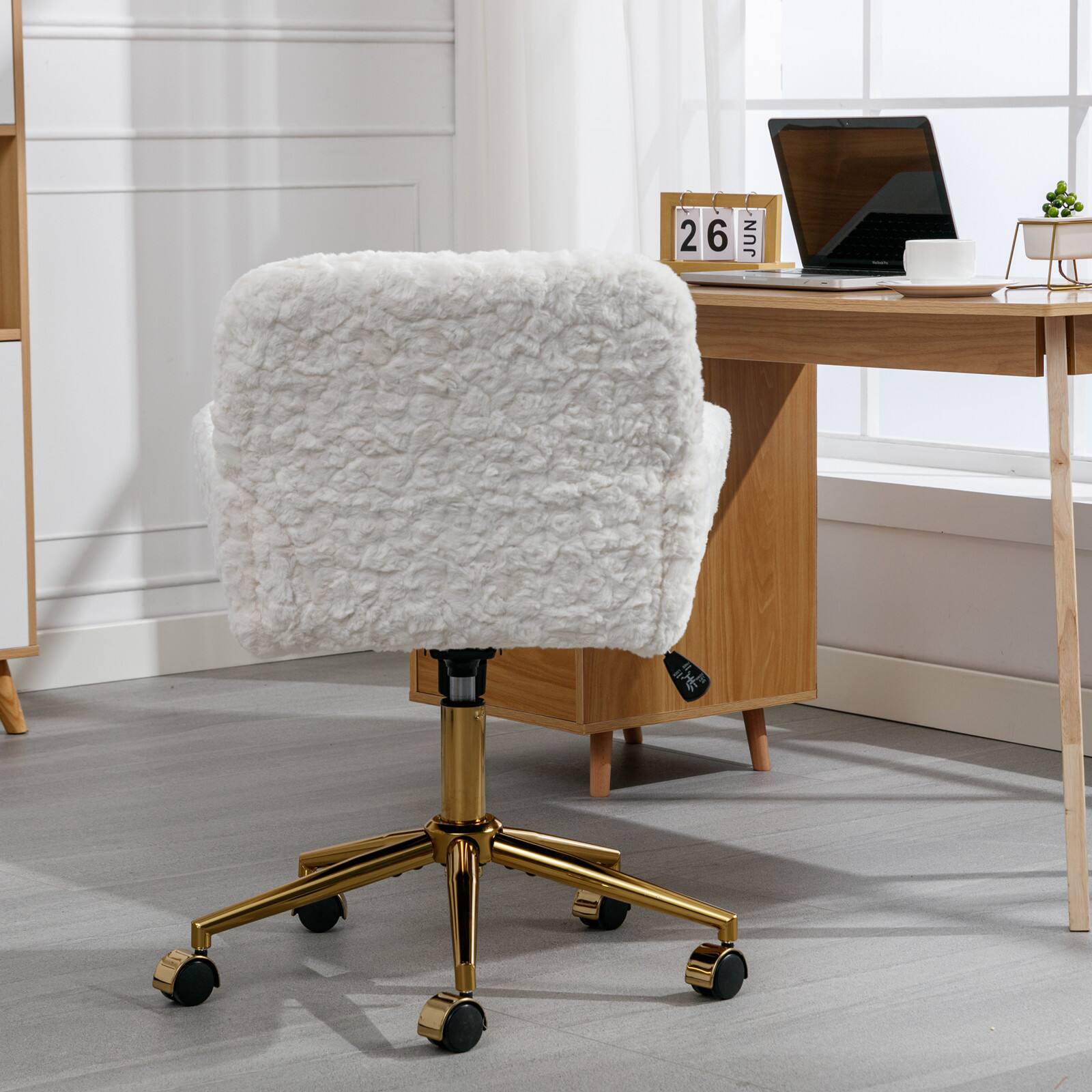 Alt View 1. Z-Edge - Modern Home Office Desk Chair with Golden Metal Base, Adjustable Height, 360 Degree Swivel, Smooth-Rolling Wheels - White.