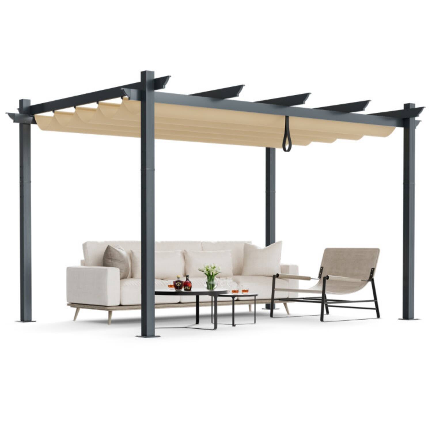 Alt View 6. Mondawe - 10x13 FT Outdoor Aluminum Retractable Pergola w Sun Shelter Canopy 8' Height - Beige.