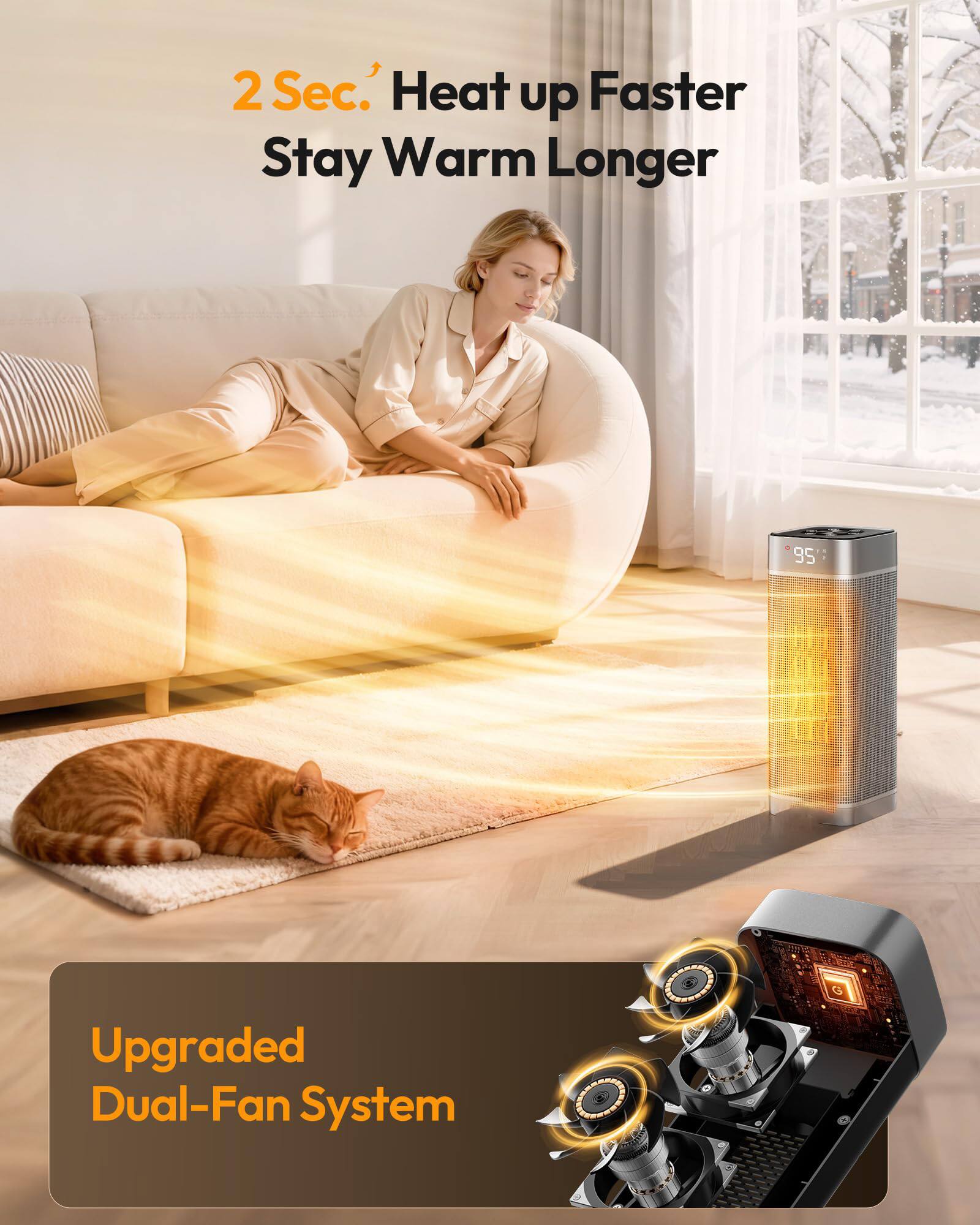 2 Sec. Heat up Faster Stay Warm Longer

Upgraded Dual-Fan System