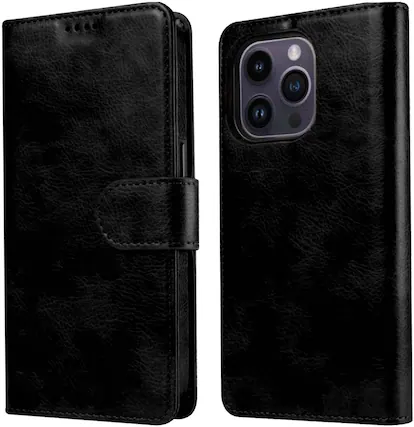 Front. RadEnergy - EMF protection Anti Radiation Leather Wallet Case for iPhone 14 Pro Max - Black.