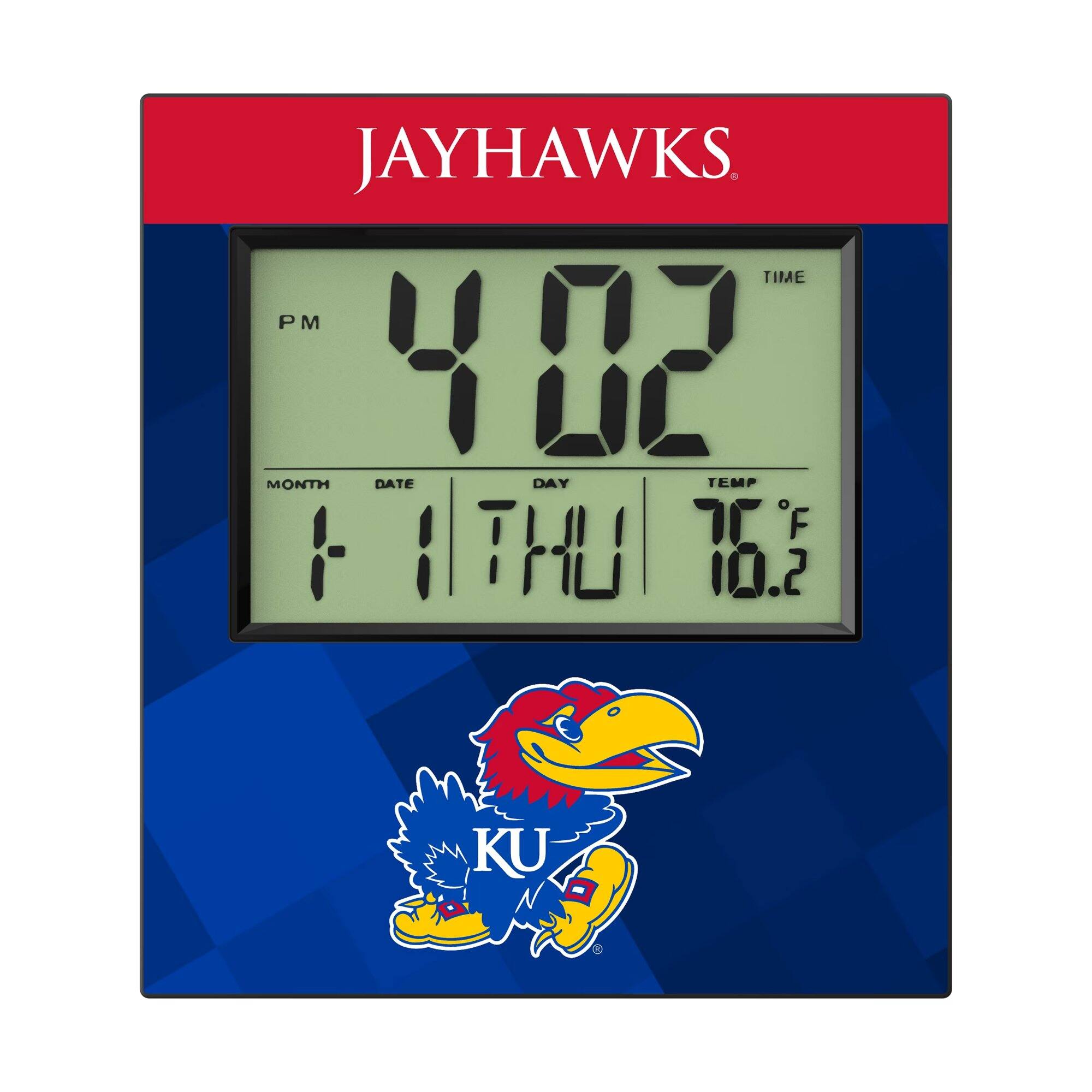 JAYHAWKS  
TIME PM 4:02  
MONTH 1  
DATE 1  
DAY THU  
TEMP 76.2°F  
KU