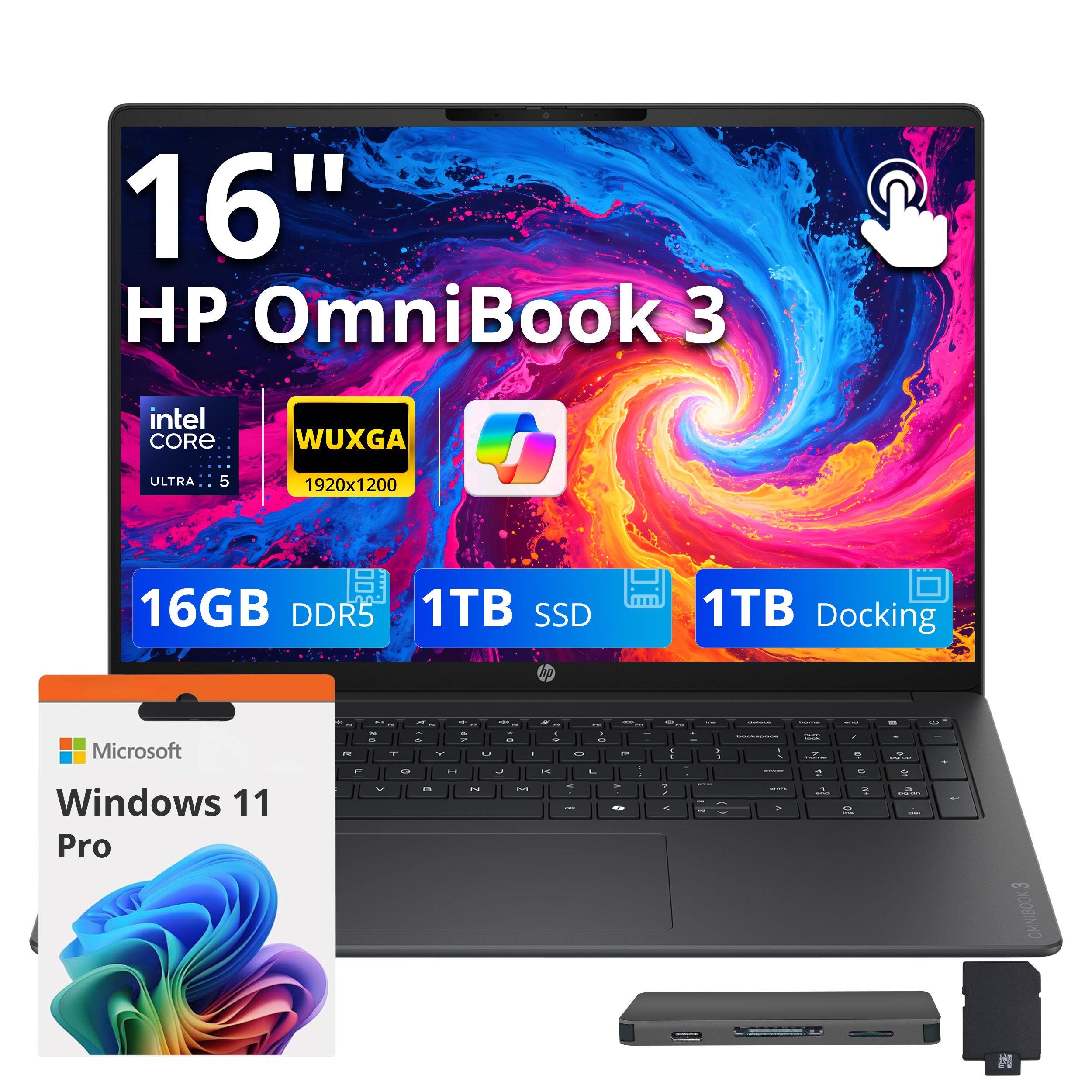 16" HP OmniBook 3  
Intel Core Ultra 5  
WUXGA 1920x1200  
16GB DDR5  
1TB SSD  
1TB Docking  
Microsoft Windows 11 Pro