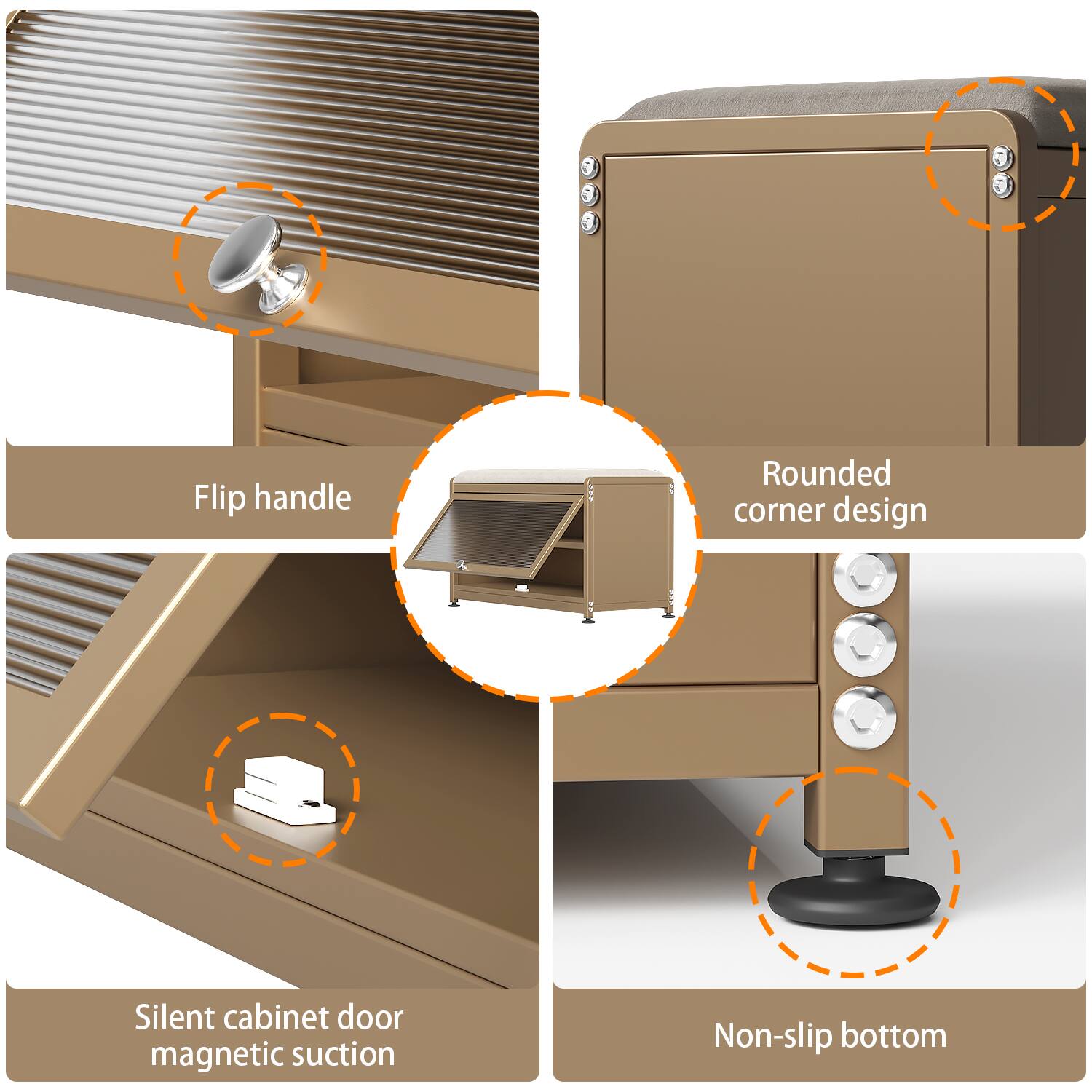 - Flip handle
- Rounded corner design
- Silent cabinet door magnetic suction
- Non-slip bottom