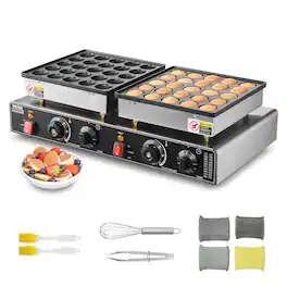 VEVOR - 50PCS Mini Dutch Pancake Maker, Non-stick Stainless Steel Dorayaki Baker, 1800W Commercial Electric Poffertjes Grill Pan - Silver;Black