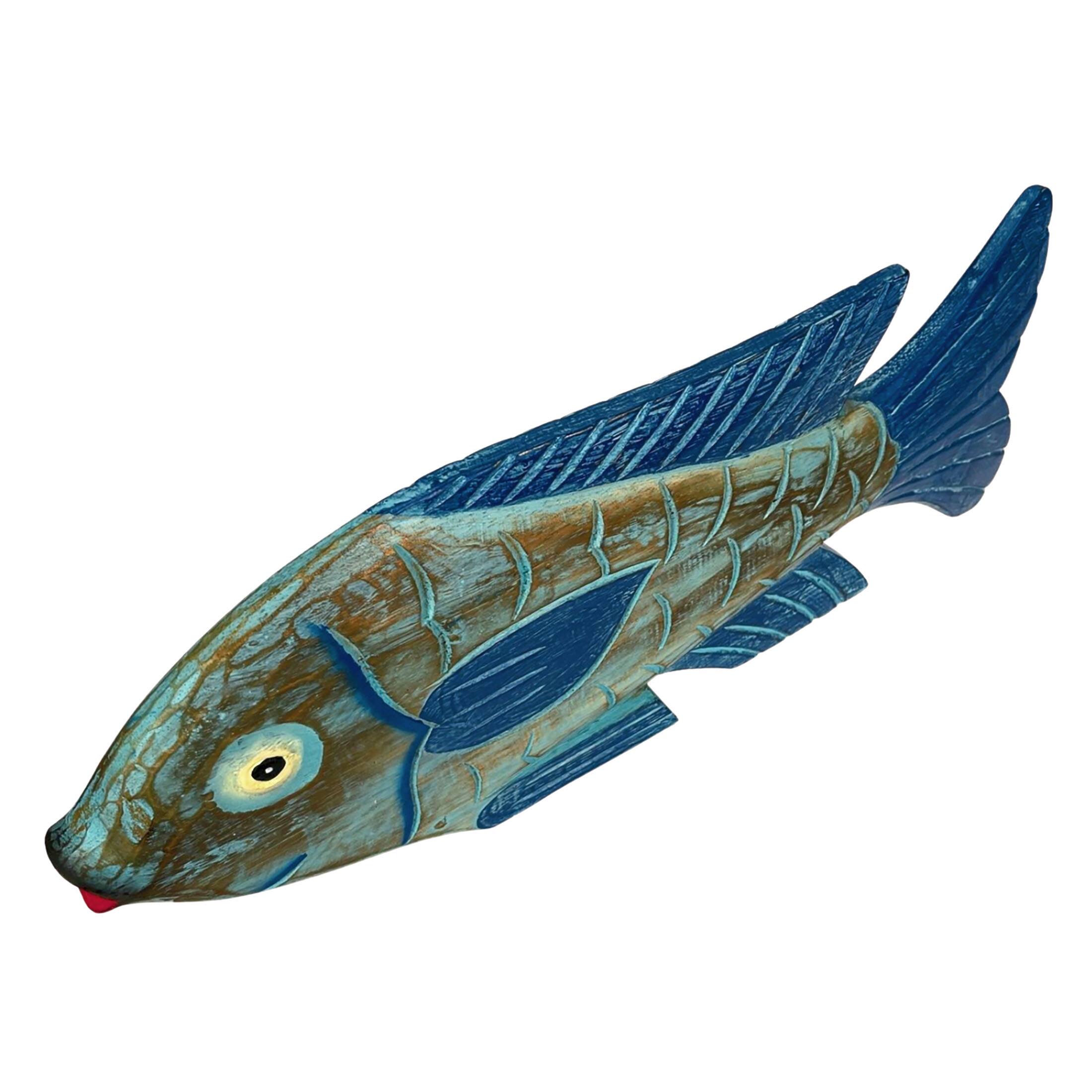 Alt View 9. Things2Die4 - Hand Carved Blue Wooden Fish Statue 19" Nautical Coastal Decor Wood Accent - Blue.