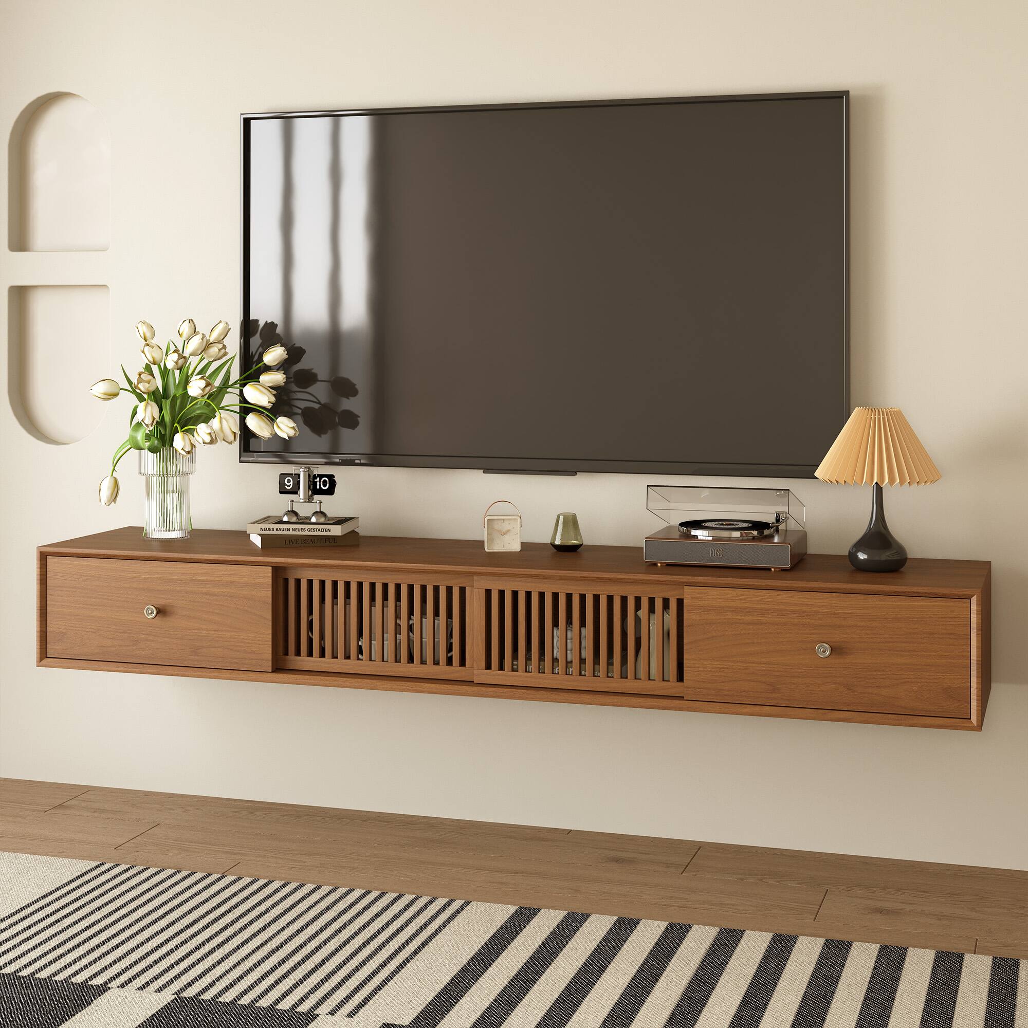 Back. luck idea - Modern Wall-Mounted TV Stand, 78.7" Large Floating TV Console with Grid Sliding Doors & Double Drawers for Storage - Walnut Color.