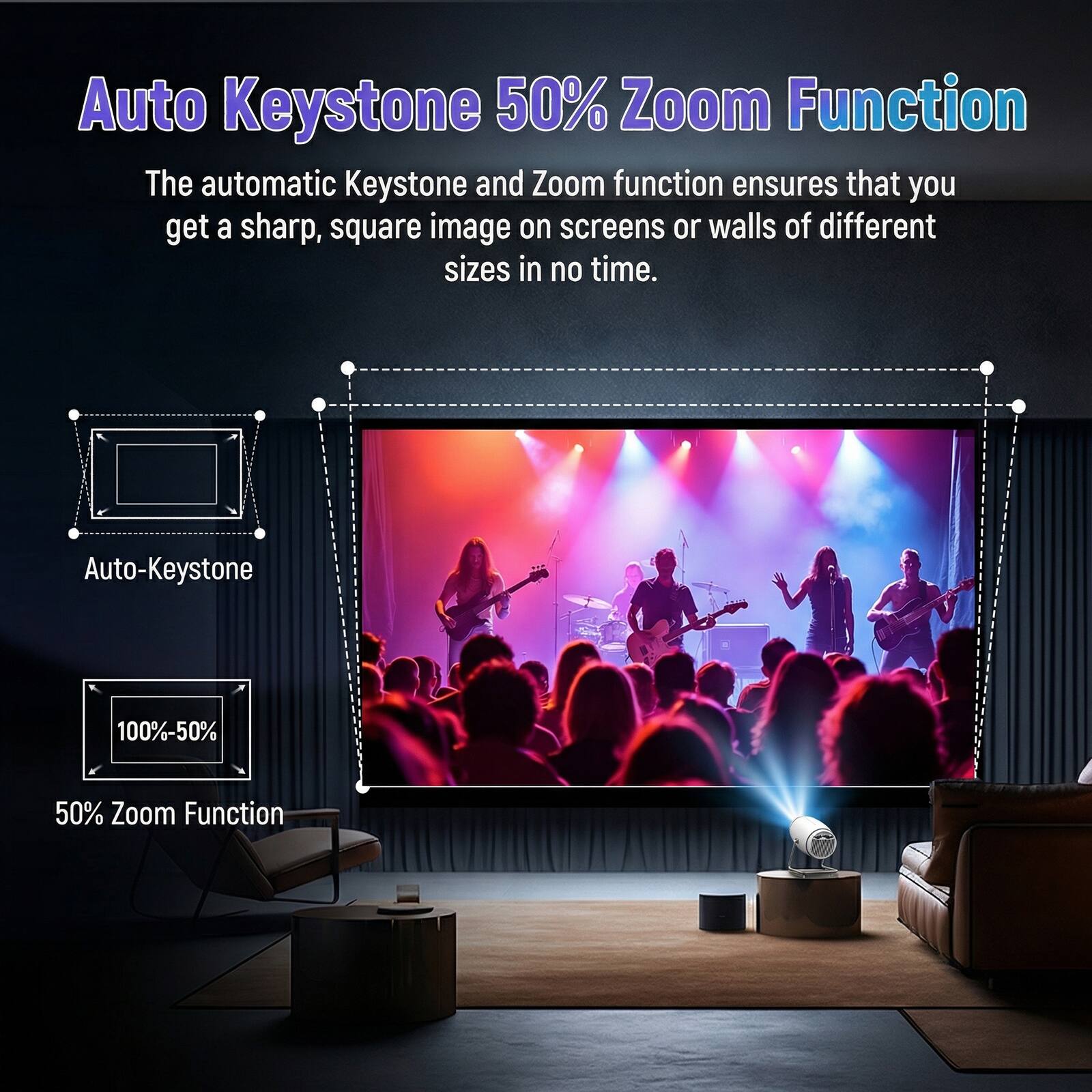 Auto Keystone 50% Zoom Function

The automatic Keystone and Zoom function ensures that you get a sharp, square image on screens or walls of different sizes in no time.

Auto-Keystone
100%-50%
50% Zoom Function