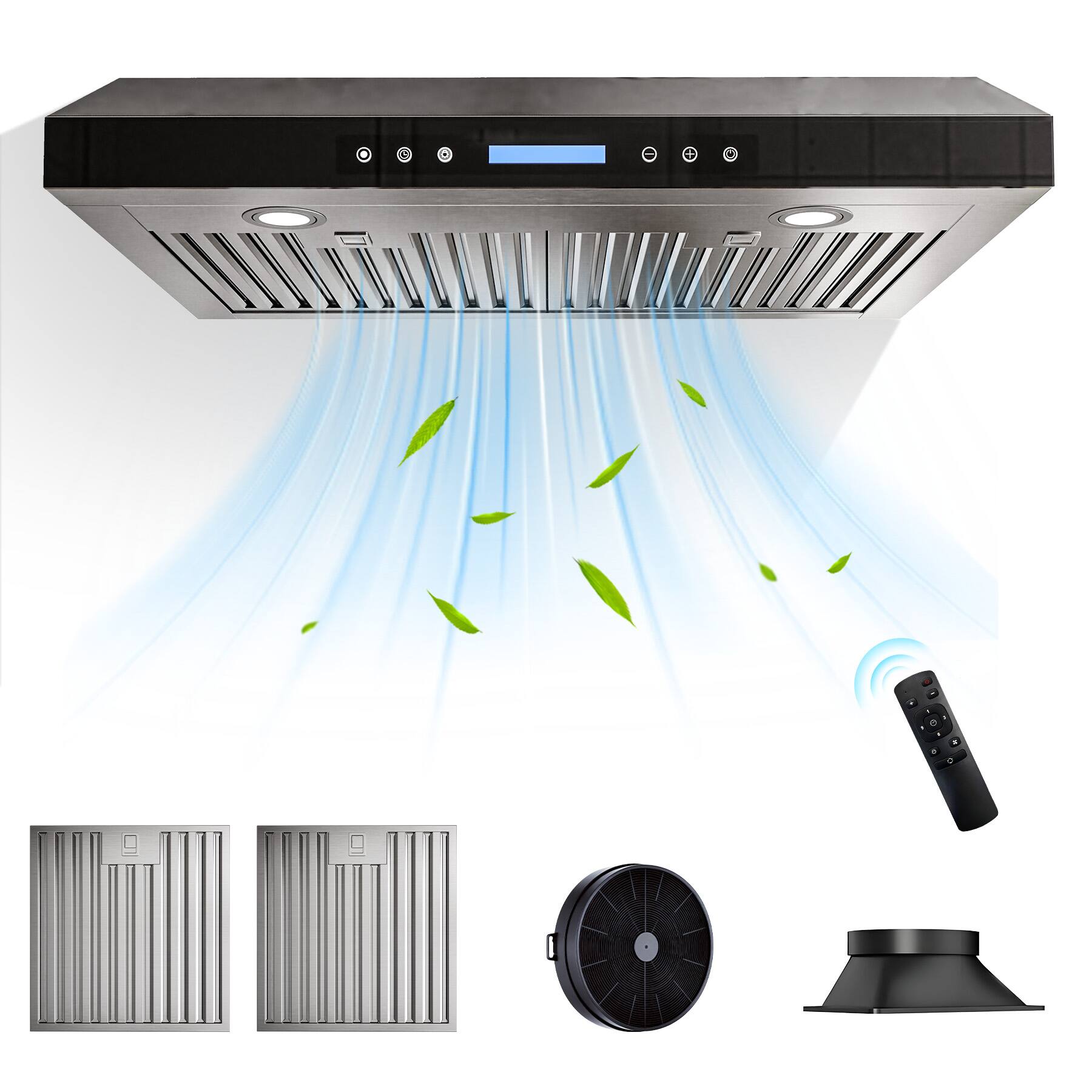 Angle. Onefly - 30 Inches - Ducted - Under Cabinet Range Hood - Black Tempered Glass.