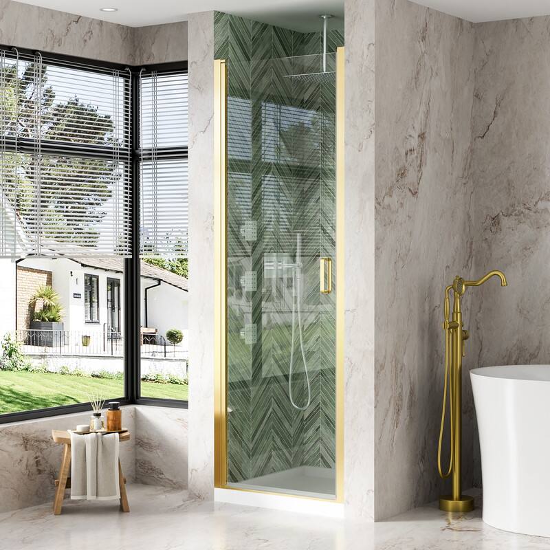 Alt View 1. WELLFOR - 26-7/16"-28"W x 72" H Semi-Frameless Pivot Shower Door -1/4 in. Tempered Glass, Easy Clean Coating - Brushed Gold.