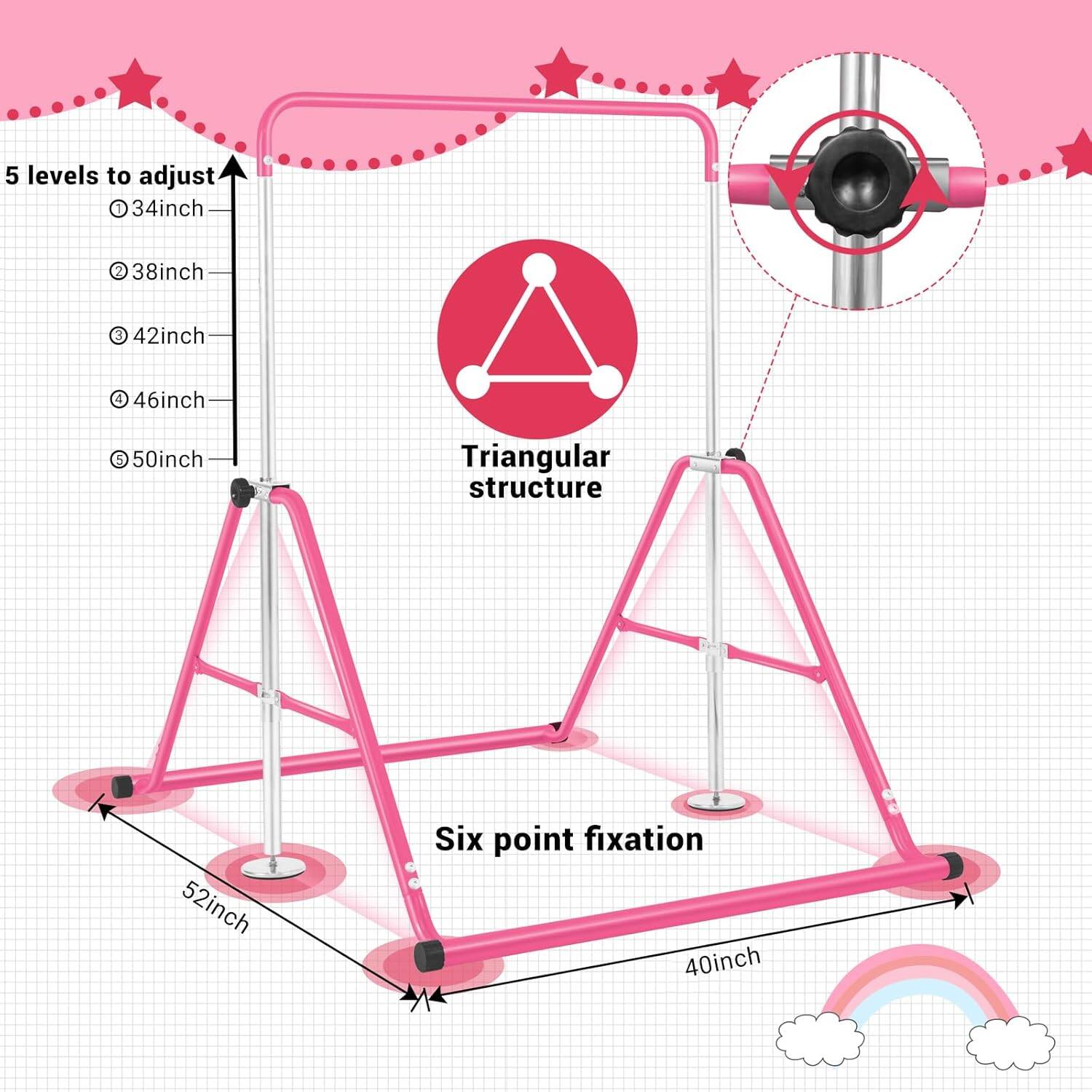 5 levels to adjust  
- 34 inch  
- 38 inch  
- 42 inch  
- 46 inch  
- 50 inch  

Triangular structure  

Six point fixation  

52 inch  

40 inch