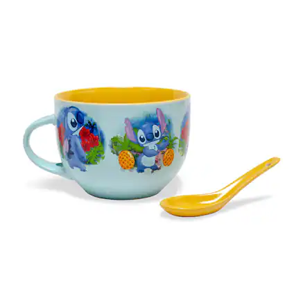 Front. Silver Buffalo - Disney Lilo & Stitch Ceramic Soup Mug With Spoon | Holds 24 Ounces - Blue.
