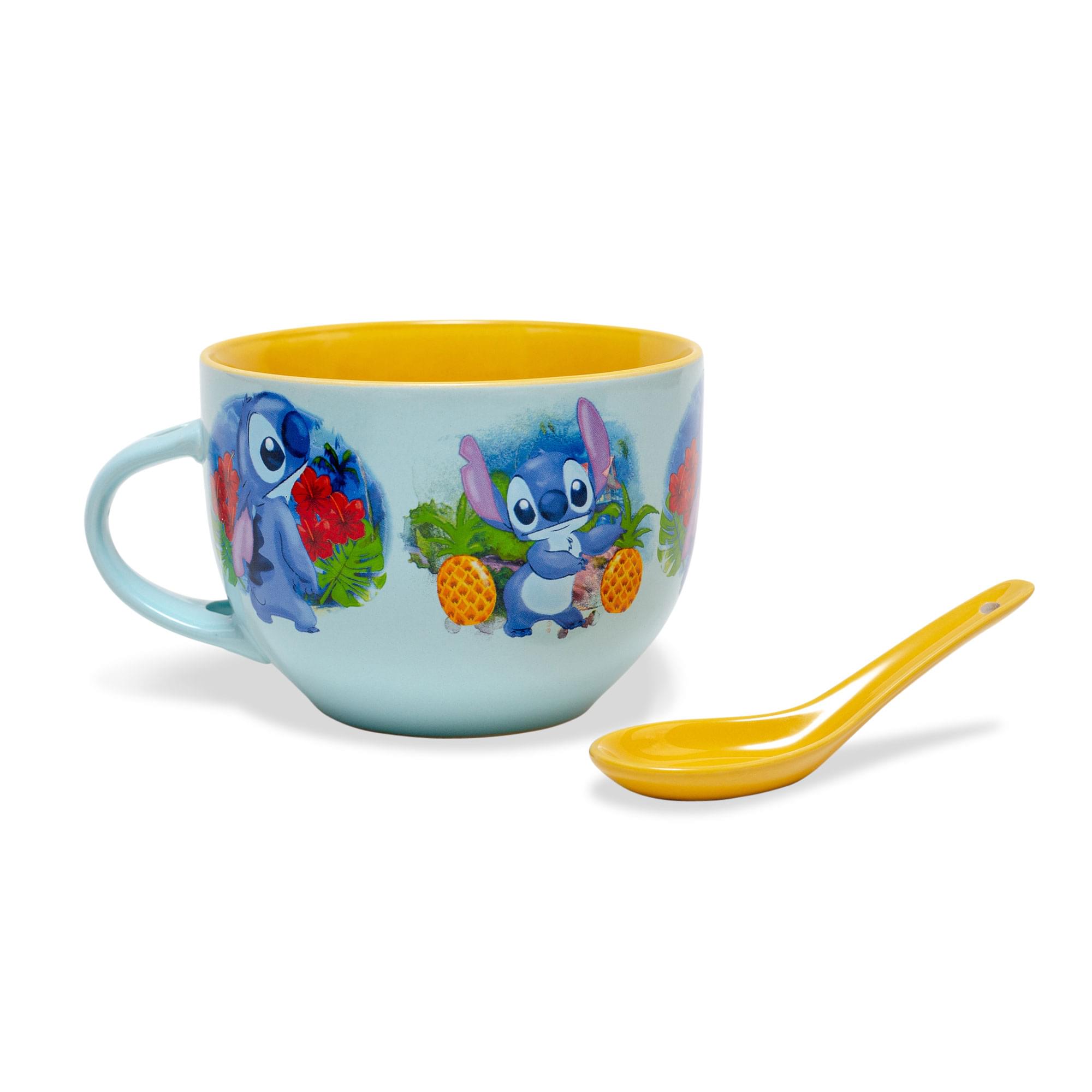 Front. Silver Buffalo - Disney Lilo & Stitch Ceramic Soup Mug With Spoon | Holds 24 Ounces - Blue.