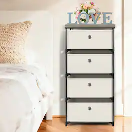 Oumilen - 4-Drawer Fabric Storage Tower with Wood Top, Cream Beige - White