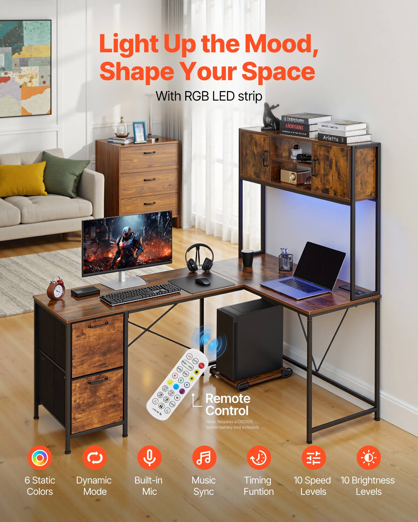 Light Up the Mood, Shape Your Space With RGB LED strip

Remote Control
- Requires 4 CR2025 button battery (not included)

Features:
- 6 Static Colors
- Dynamic Mode
- Built-in Mic
- Music Sync
- Timing Function
- 10 Speed Levels
- 10 Brightness Levels