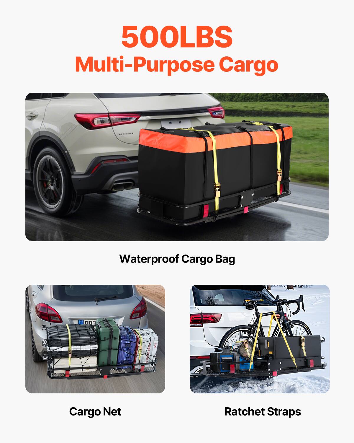 500LBS Multi-Purpose Cargo
Waterproof Cargo Bag
Cargo Net
Ratchet Straps
