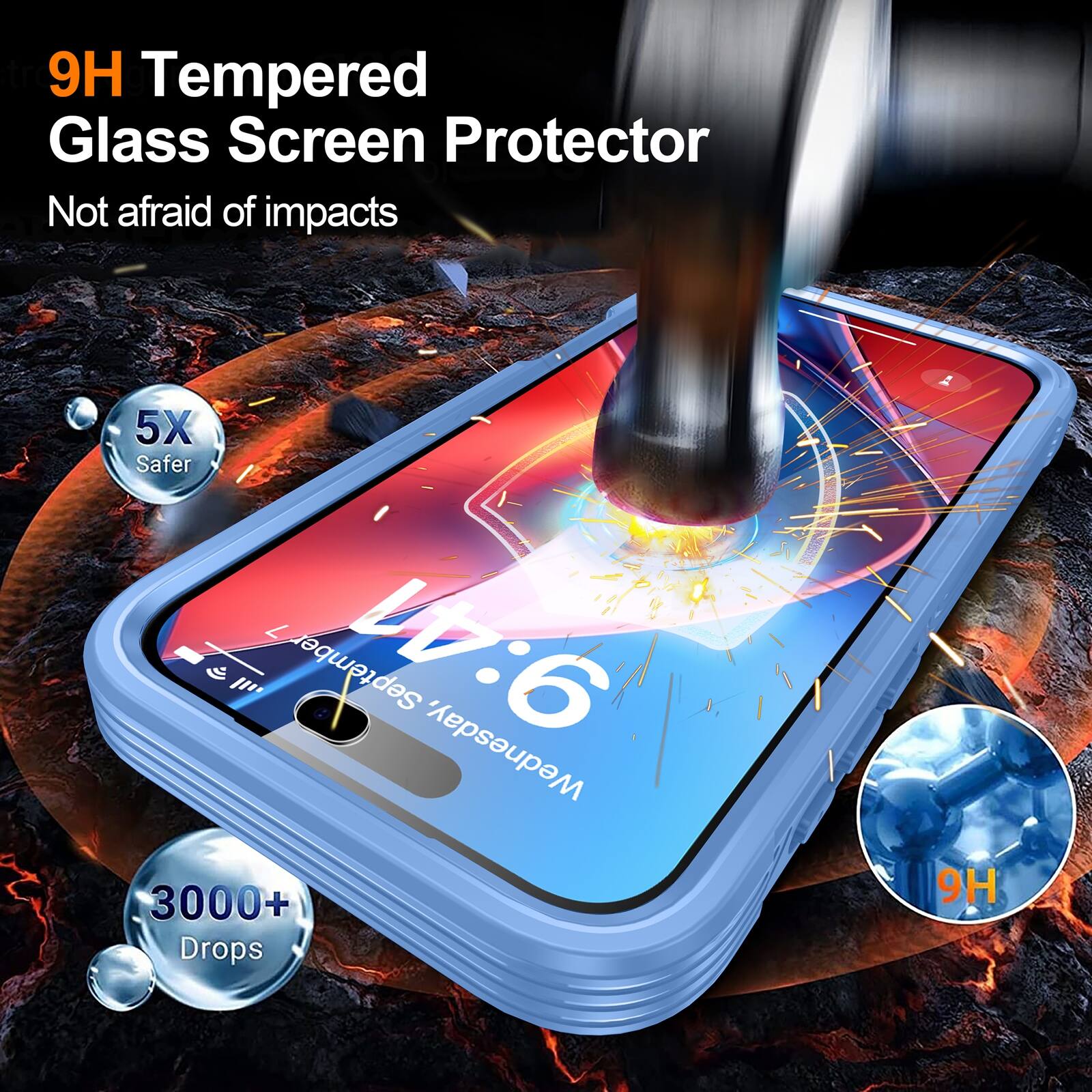9H Tempered Glass Screen Protector  
Not afraid of impacts  
5X Safer  
3000+ Drops  
9H