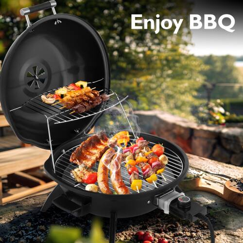 Winado 20in Portable Electric BBQ Grill Countertop 1600W with Double Layer Design for Indoor Outdoor Garden Camping Party Black