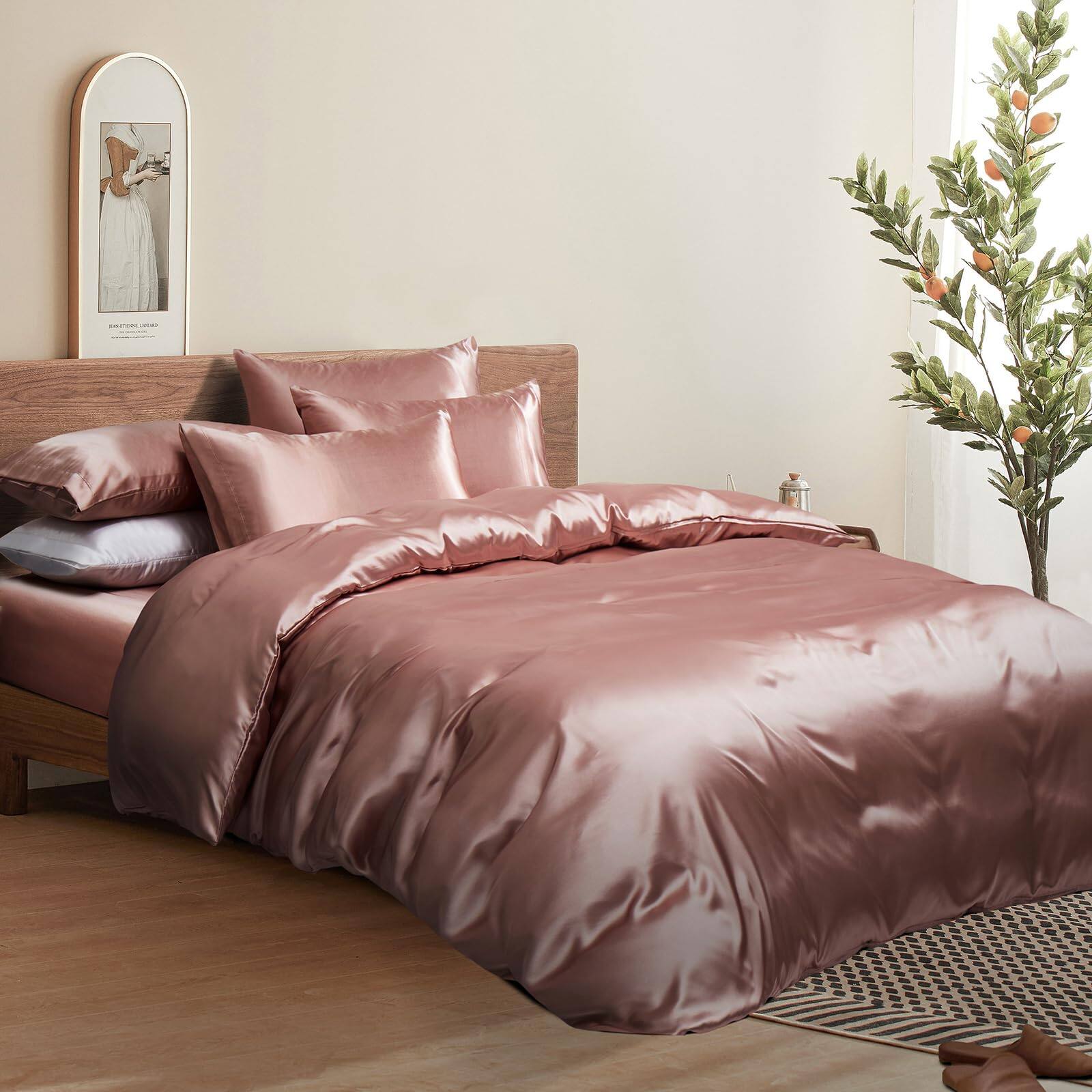 Left. MAGICAL RUBS - 6pcs Rose Duvet Cover Set Queen Size - Satin Fitted Sheet & Pillowcases Silky - Royal Blue Queen(Not Comforter).