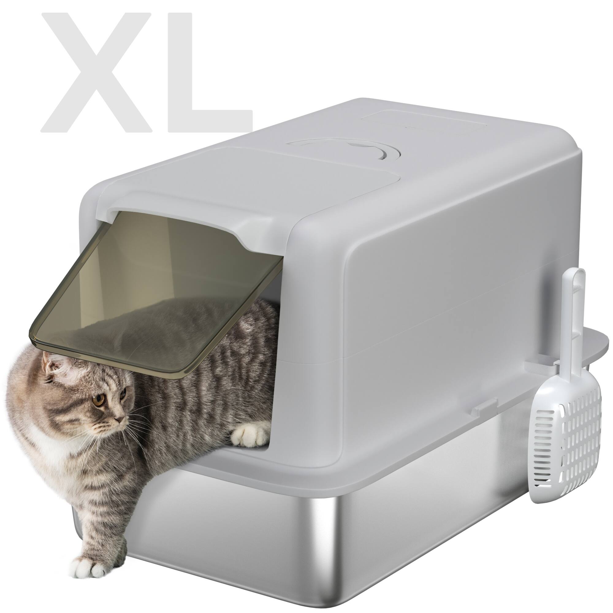 Front. Pawhut - Stainless Steel Cat Litter Box, Extra Large 2 in 1 Metal Kitty Litter Pan w/Removable Lid, Scoop, Filter Bags - Gray.