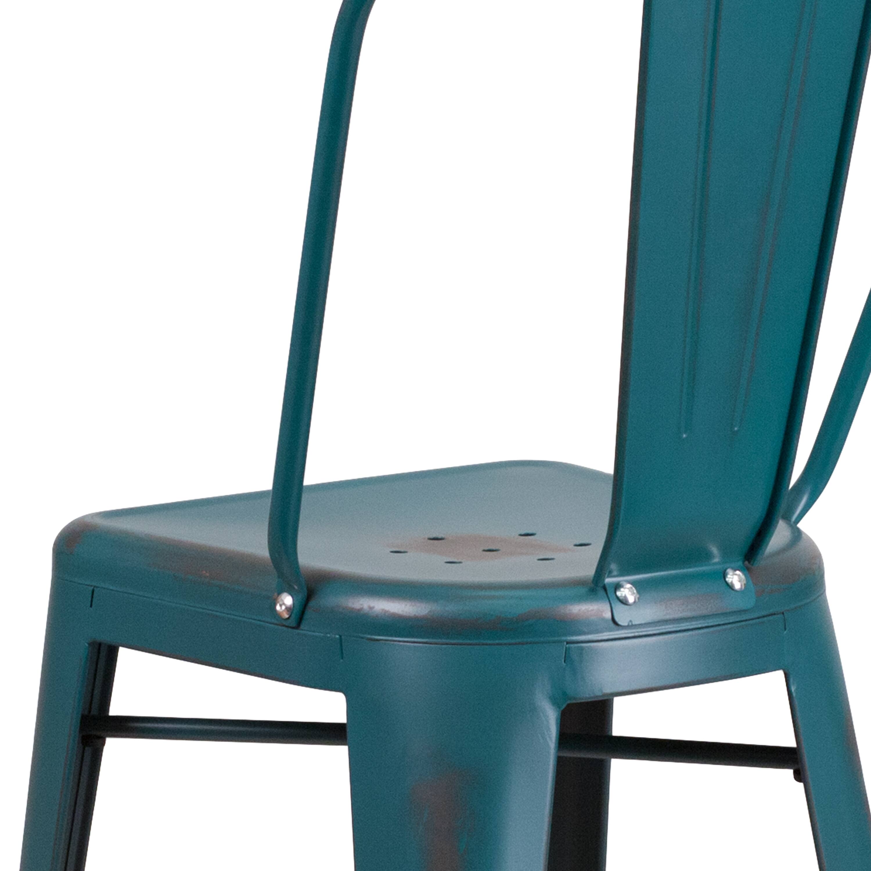 Alt View 8. Emma + Oliver - Commercial Grade 30"H Distressed Colorful Metal Indoor-Outdoor Barstool w/ Back - Kelly Blue-Teal.