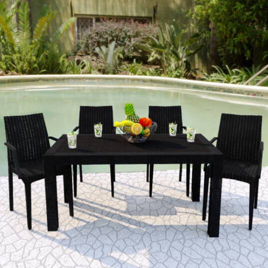 Left. LeisureMod - Mace Weave Design 55Inch Outdoor Dining Table, Weather-Resistant Patio Accent Table, Modern Backyard Furniture - Black.