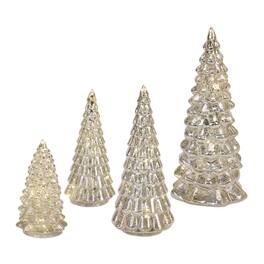 BreeBe - LED Lighted Mercury Glass Holiday Tree Decor (Set of 4) - Silver, Gold